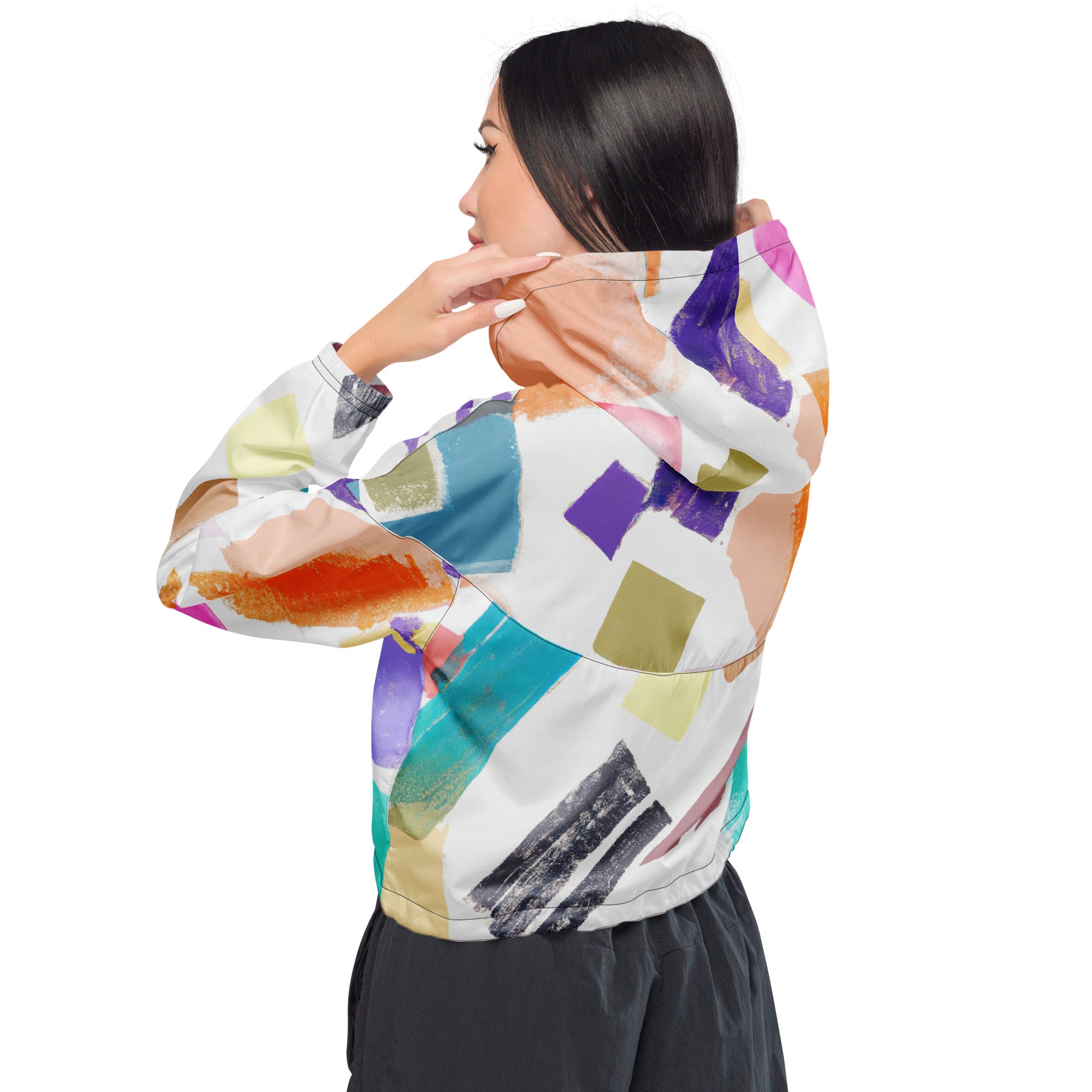 Women's Cropped Windbreaker Jacket in pastel pattern, featuring a stylish cropped design, adjustable drawstrings, and side-slit pockets.