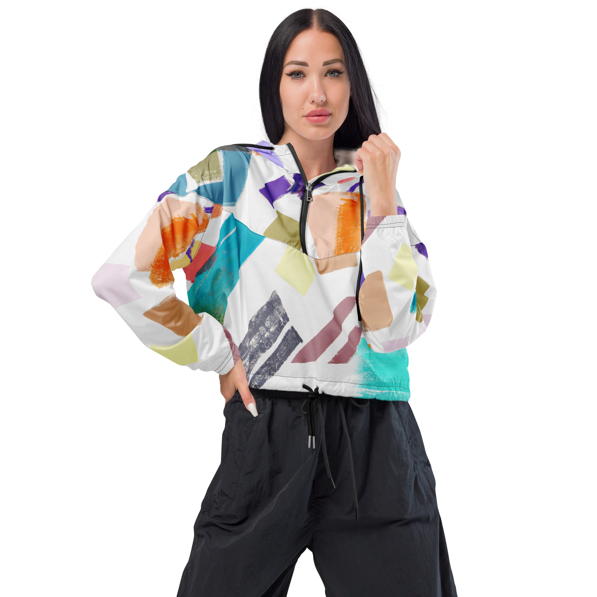 Women's Cropped Windbreaker Jacket in pastel pattern, featuring a stylish cropped design, adjustable drawstrings, and side-slit pockets.