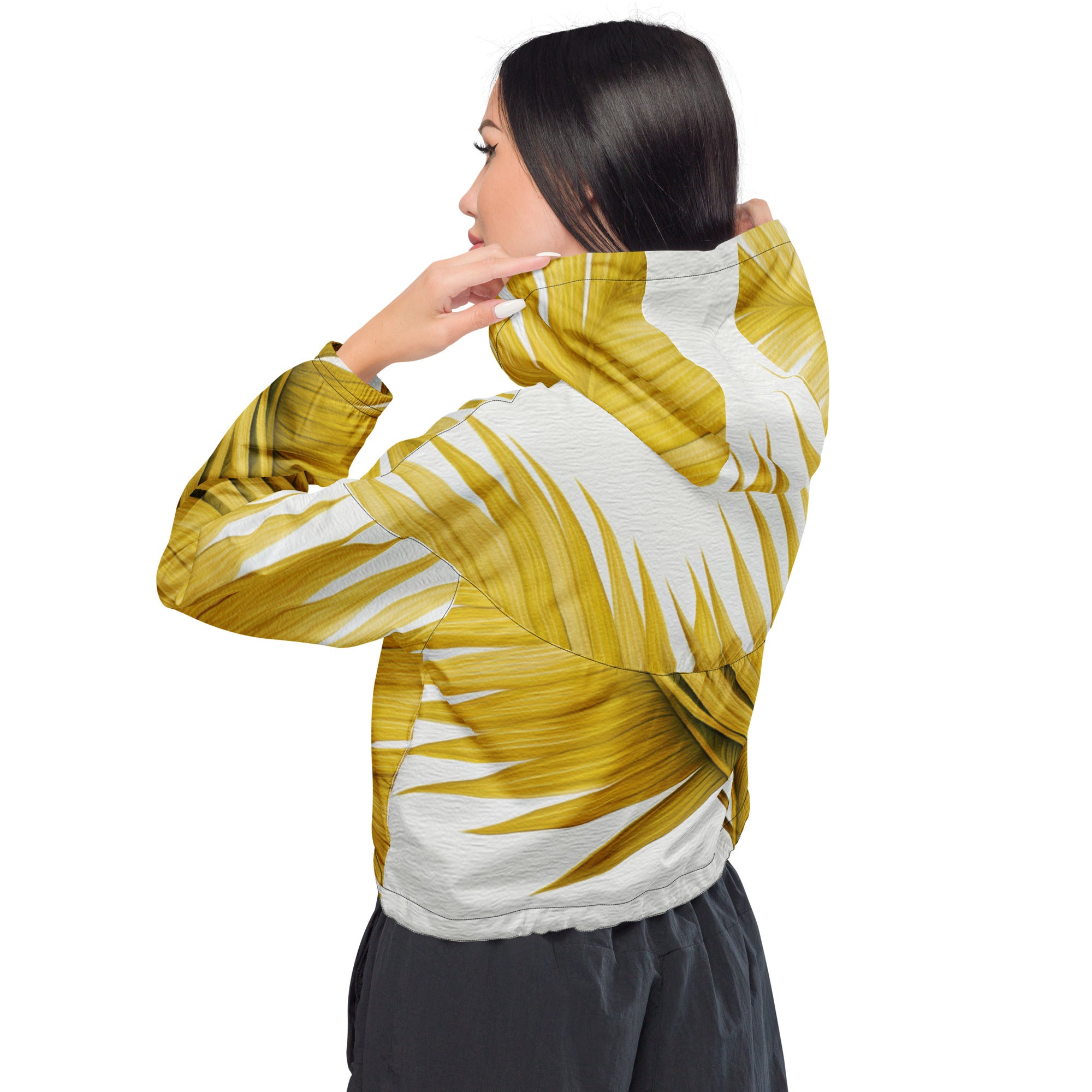 Women's Cropped Windbreaker Jacket in yellow with palm leaves design, showcasing a stylish and functional outdoor wear option.