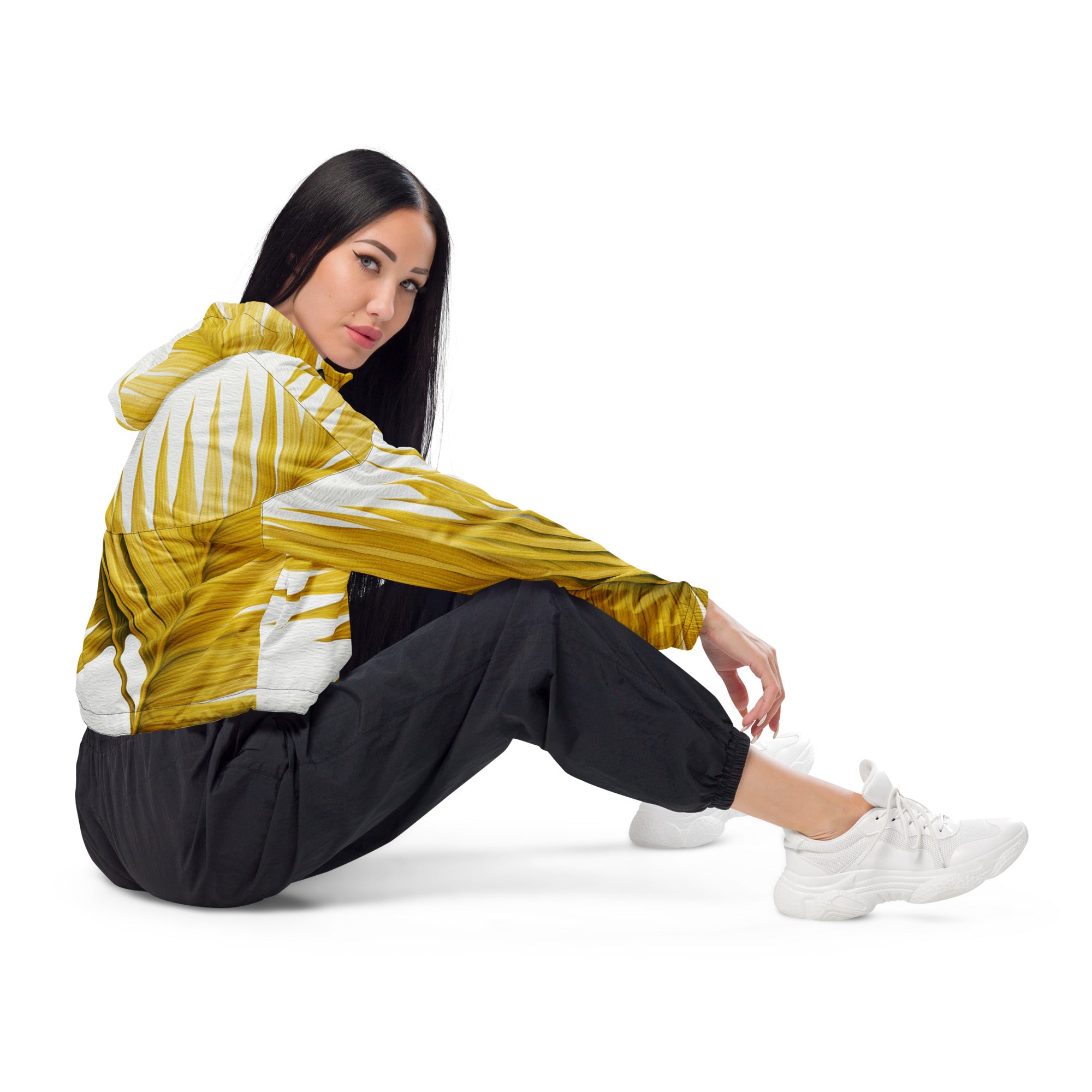 Women's Cropped Windbreaker Jacket in yellow with palm leaves design, showcasing a stylish and functional outdoor wear option.