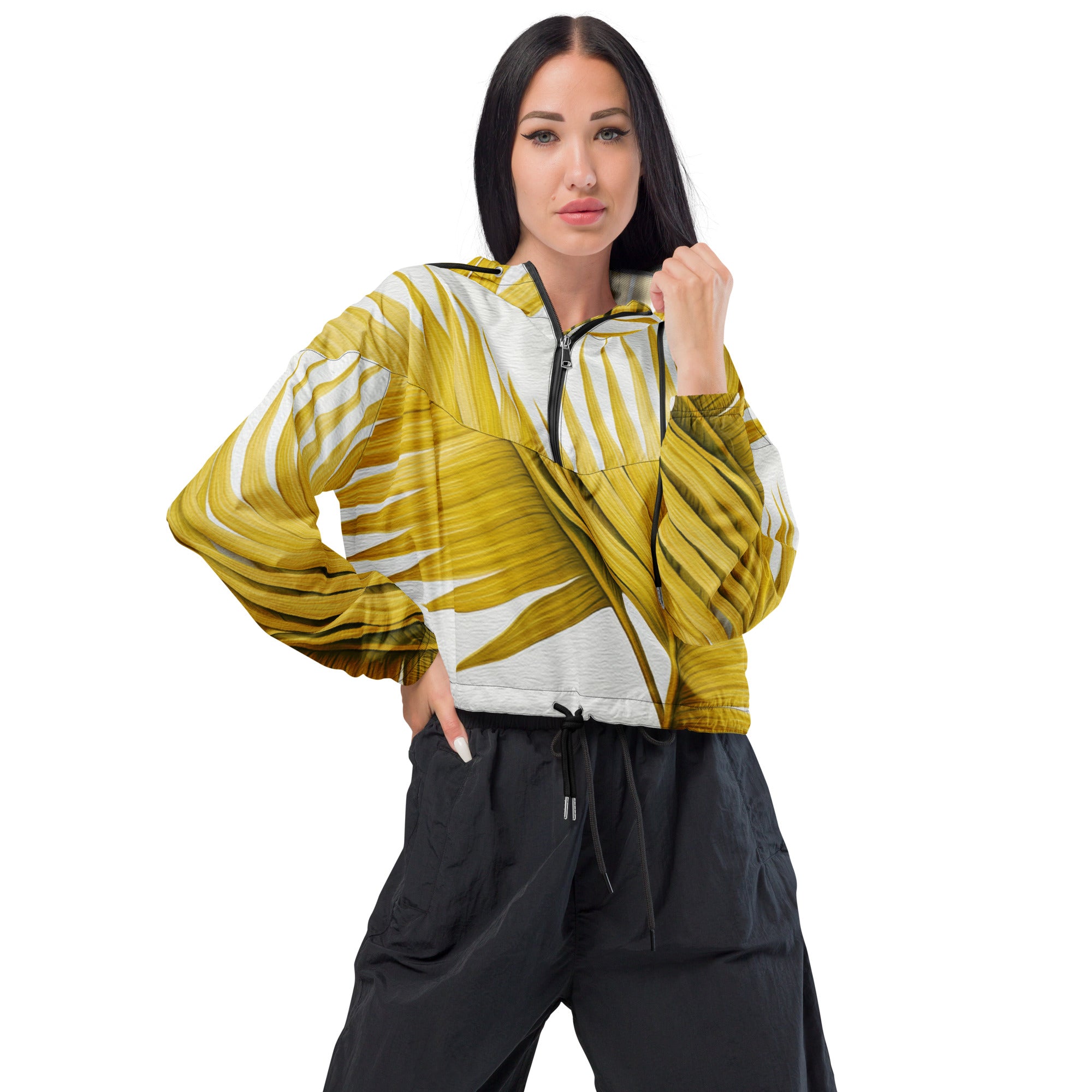 Women's Cropped Windbreaker Jacket in yellow with palm leaves design, showcasing a stylish and functional outdoor wear option.