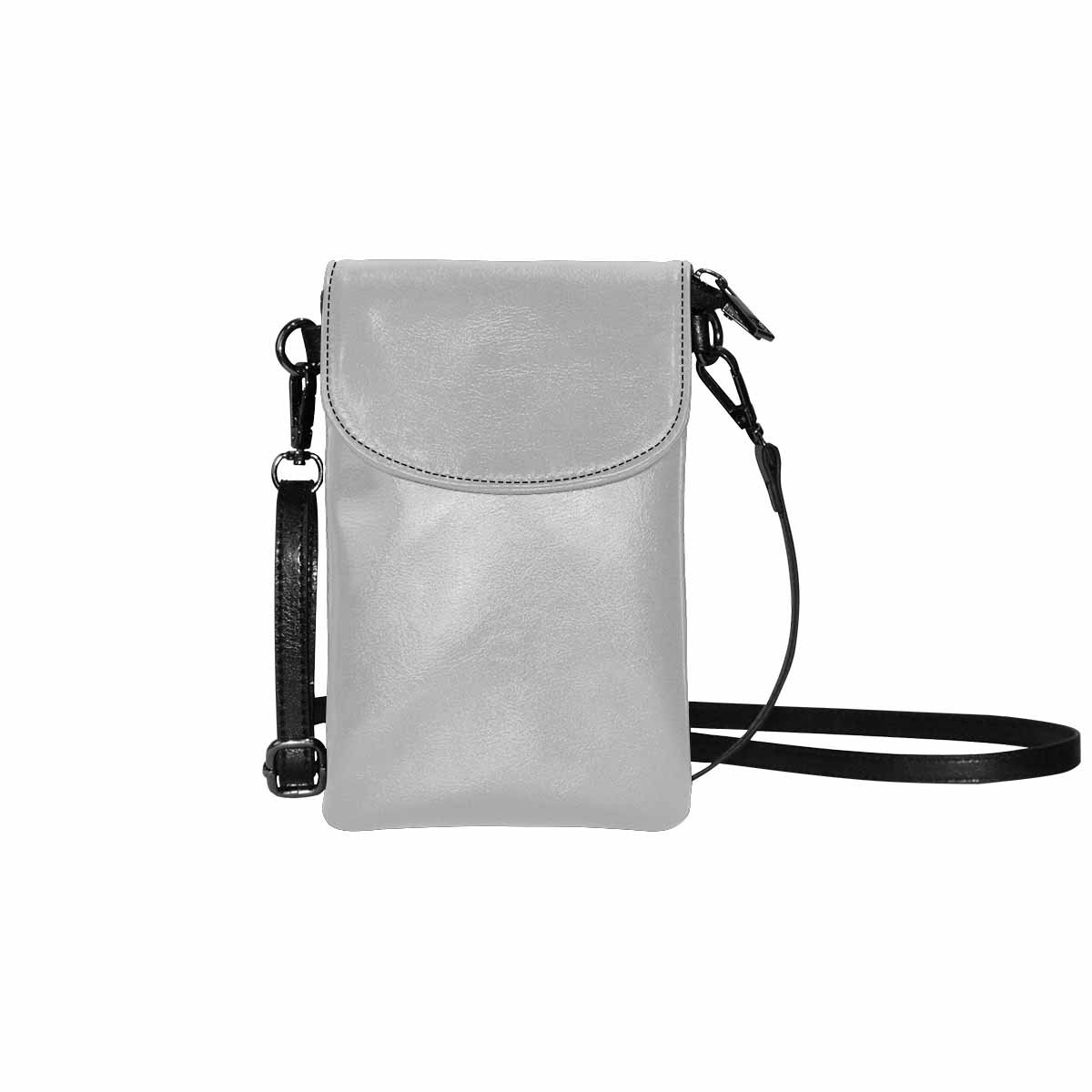 Light grey womens crossbody bag made of PU leather with adjustable strap and zippered pockets.