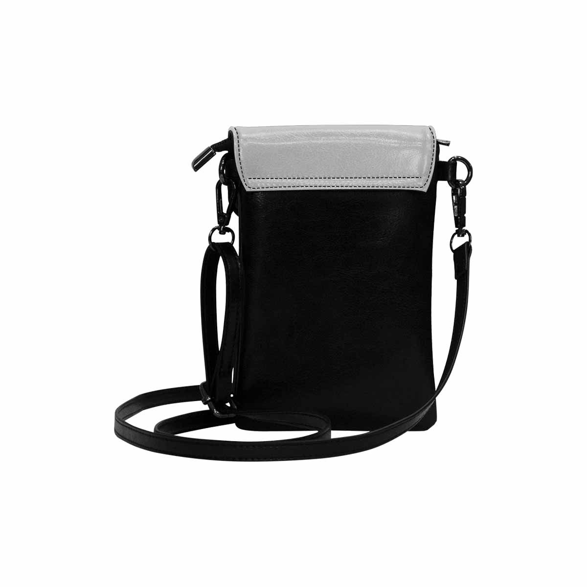 Light grey womens crossbody bag made of PU leather with adjustable strap and zippered pockets.