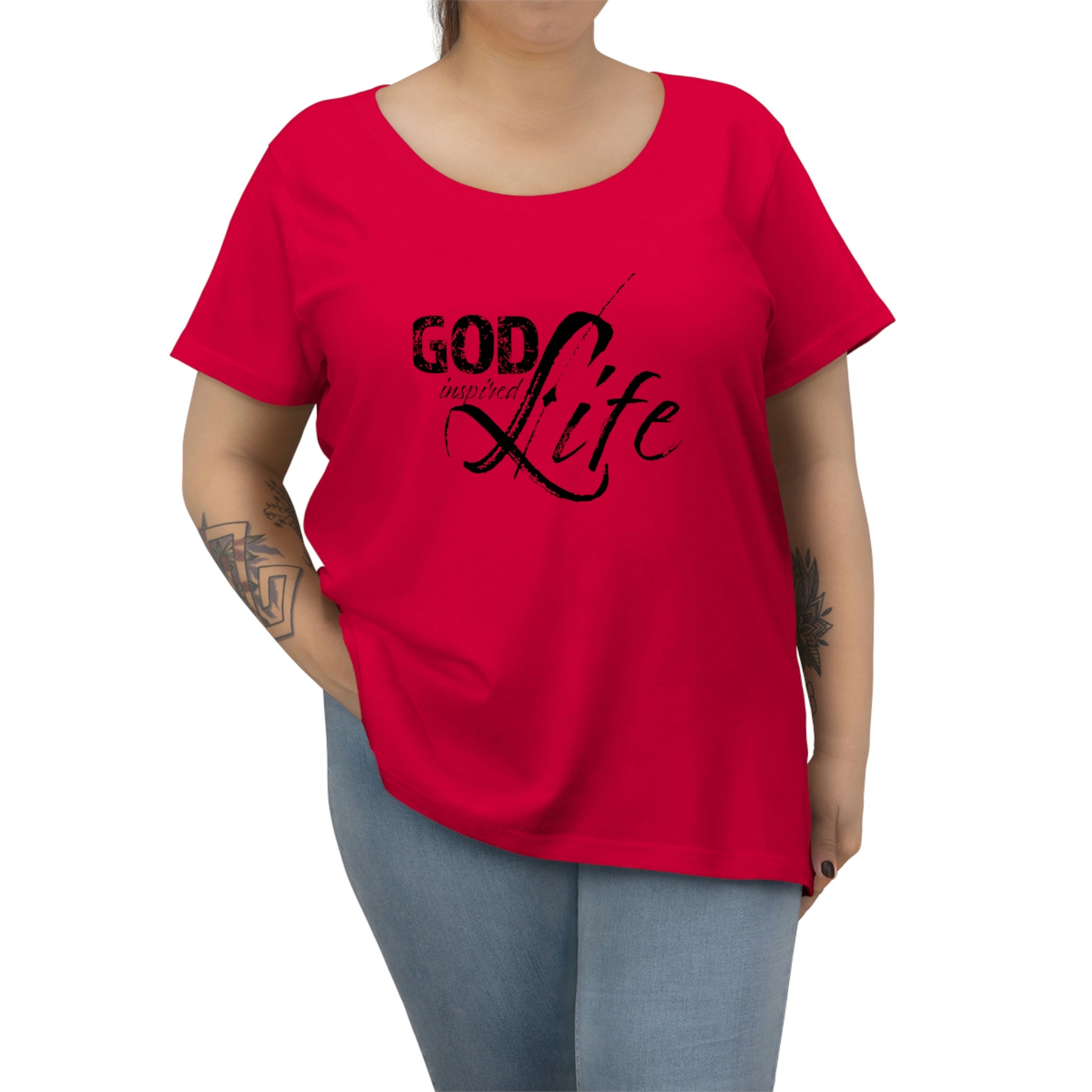 Women's Curvy Plus Size T-Shirt in soft cotton featuring an inspirational God-inspired quote, perfect for casual wear.