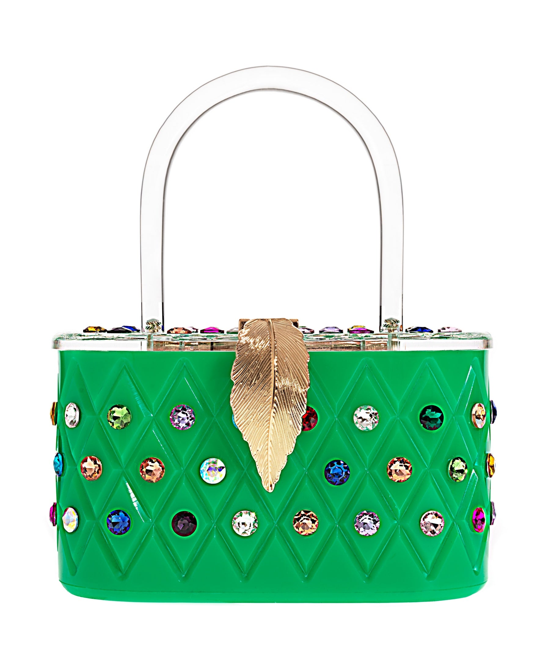 Womens Emerald Rainbow Top Handle Clutch Bag featuring a vintage design with colorful crystals and engraved pattern.