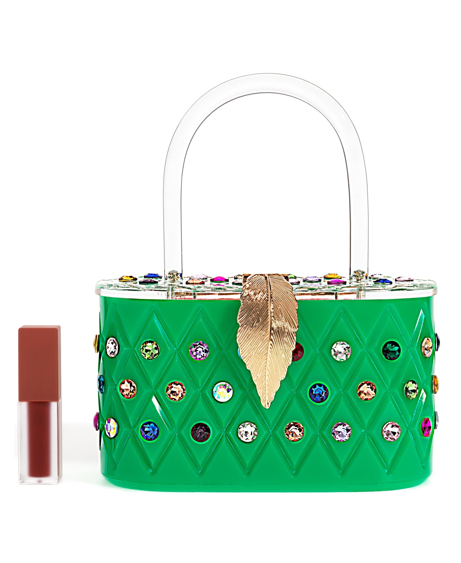 Womens Emerald Rainbow Top Handle Clutch Bag featuring a vintage design with colorful crystals and engraved pattern.