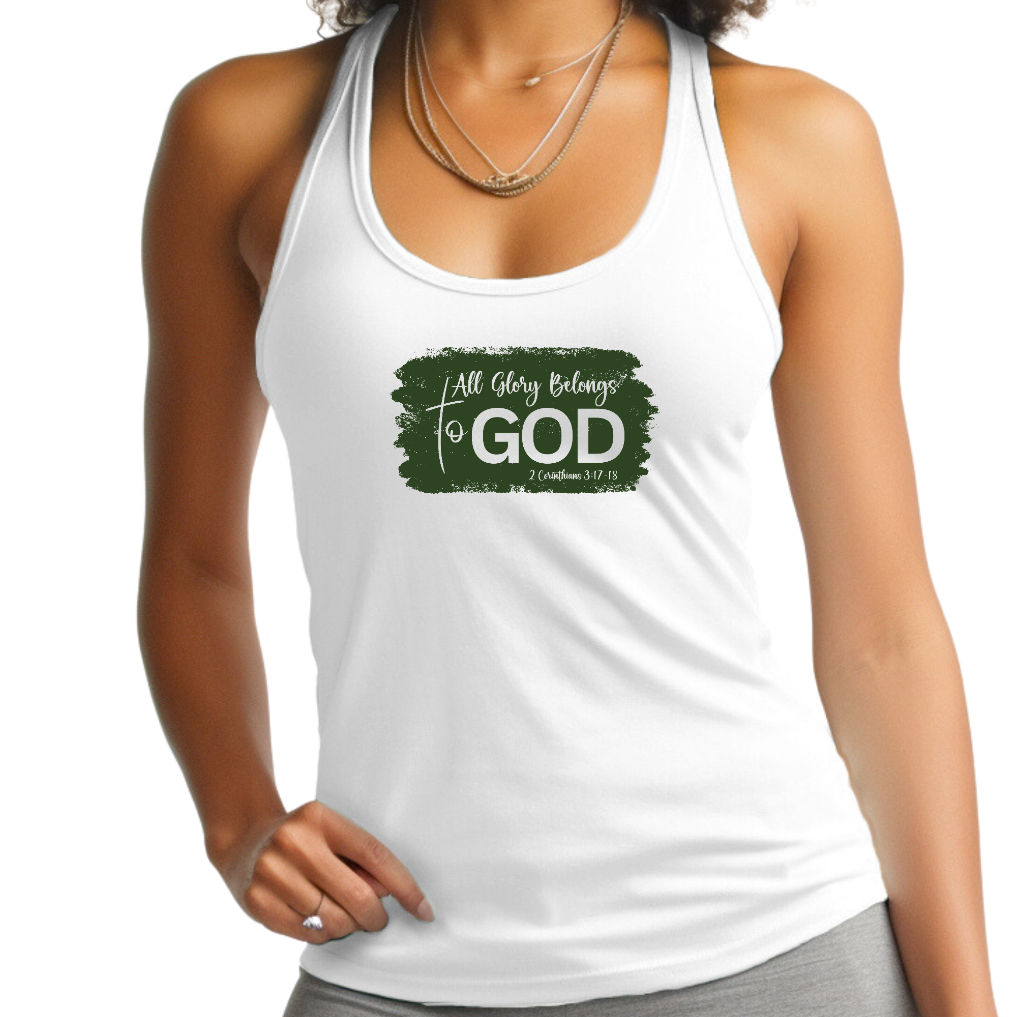 Dark green women's fitness tank top with 'All Glory Belongs to God' graphic, made from soft preshrunk cotton.