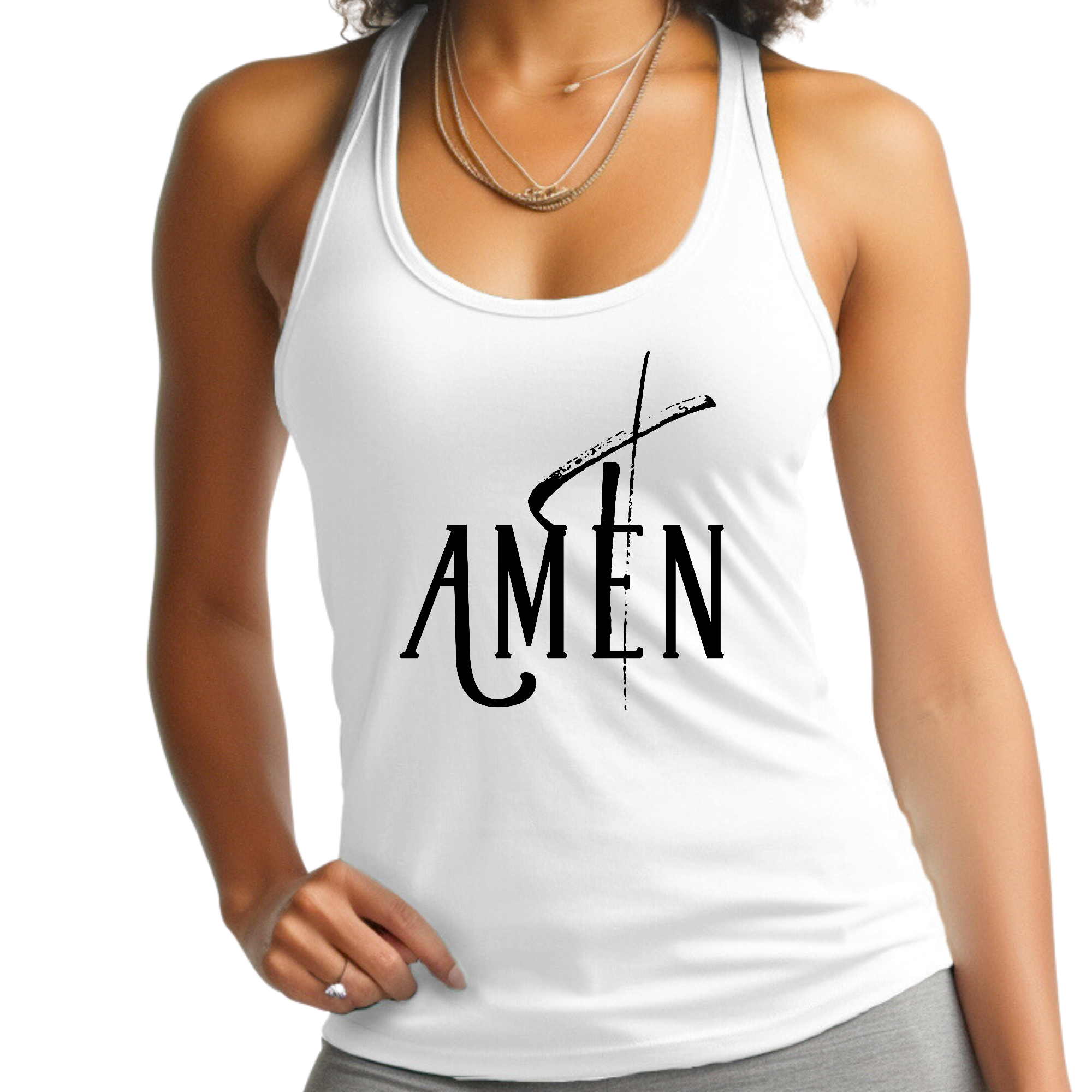 Women's Fitness Tank Top with Amen Black Print, showcasing soft cotton fabric and stylish design.