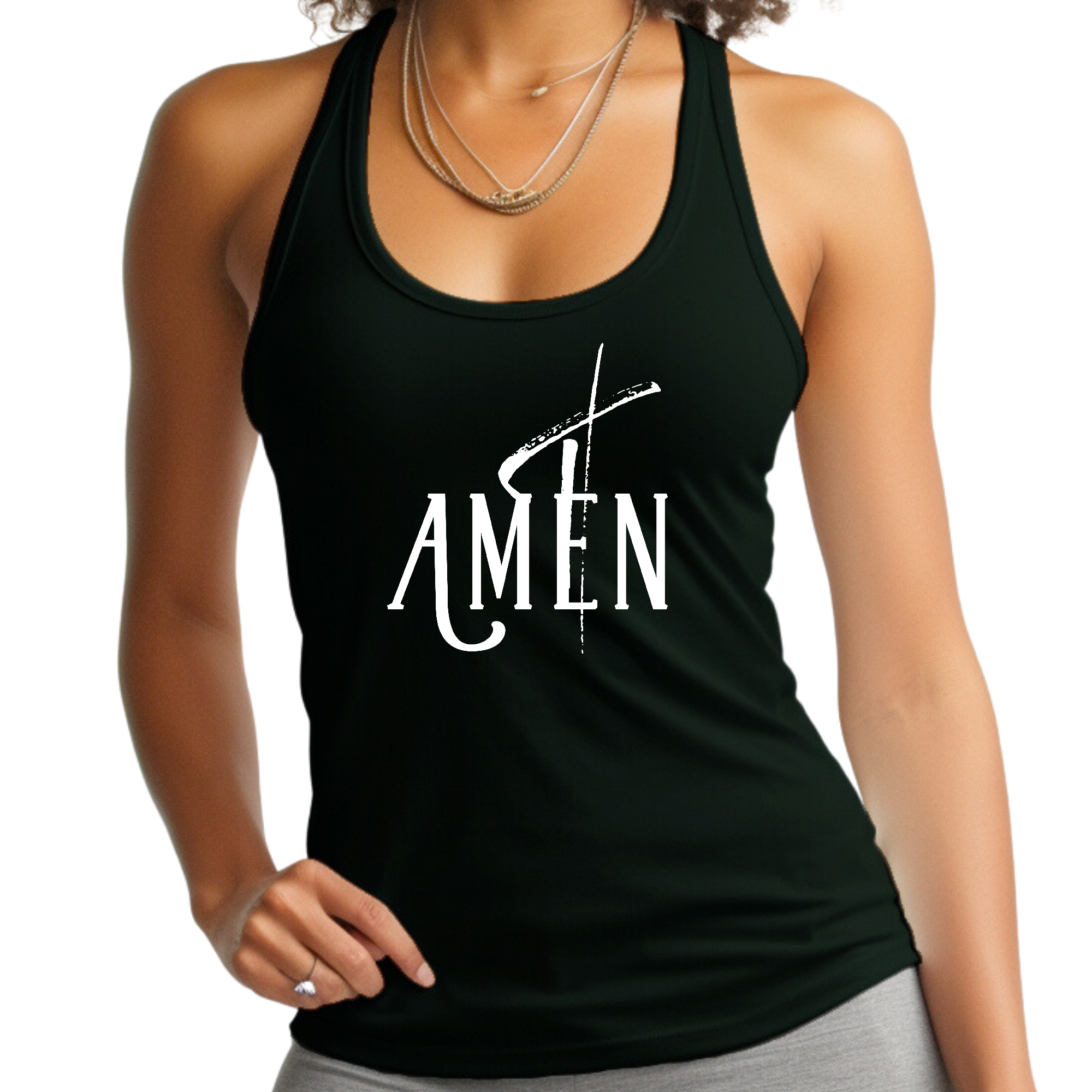 Women's Fitness Tank Top with AMEN White Print, showcasing soft cotton fabric and stylish design.