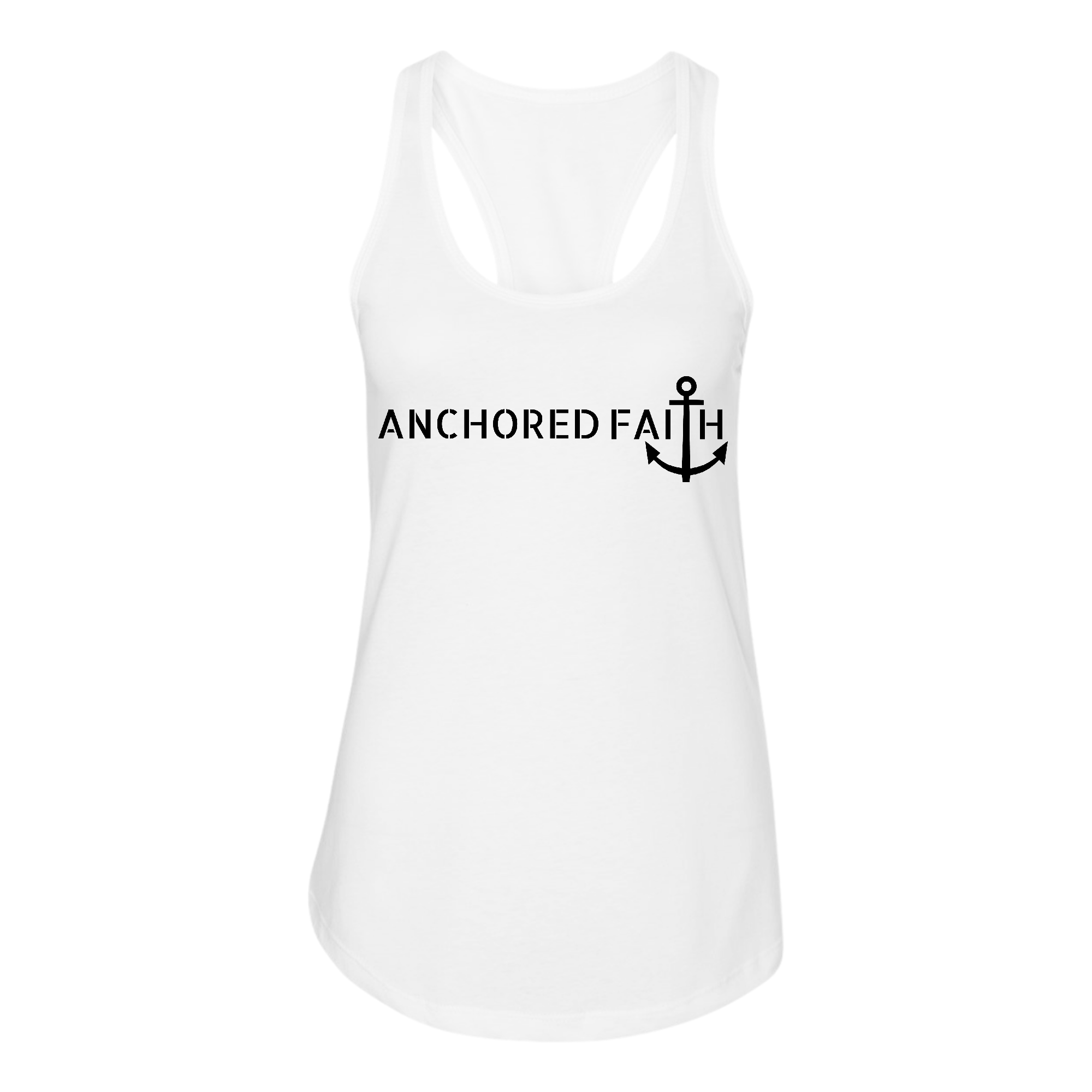 Women's black fitness tank top with 'Anchored Faith' graphic print, made from soft preshrunk cotton, perfect for workouts and casual wear.