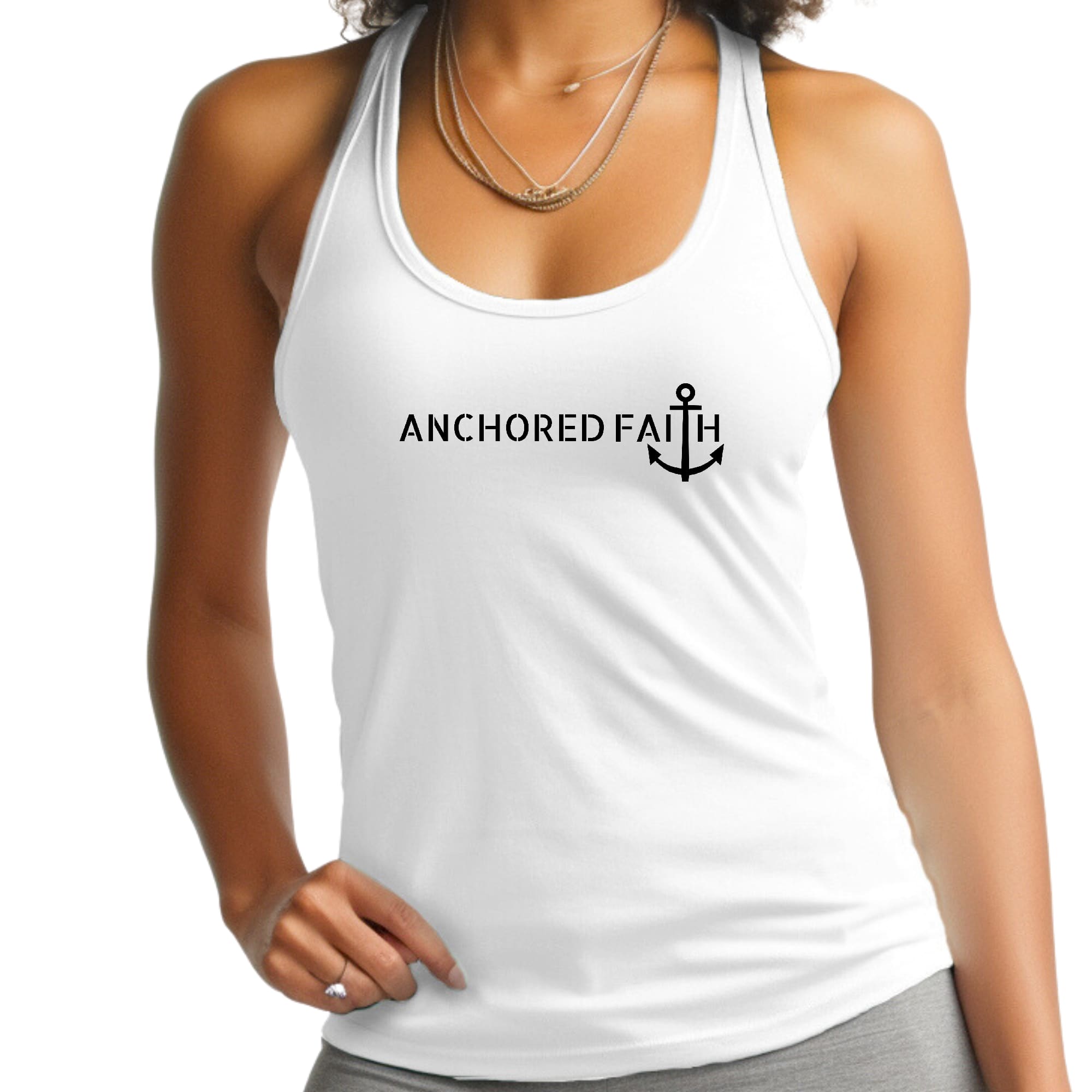 Women's black fitness tank top with 'Anchored Faith' graphic print, made from soft preshrunk cotton, perfect for workouts and casual wear.