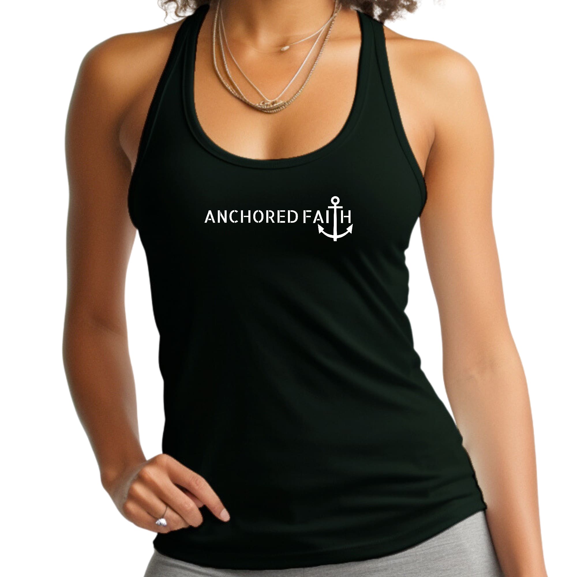 Women's Fitness Tank Top featuring Anchored Faith graphic print, made from soft preshrunk cotton, ideal for workouts and casual wear.