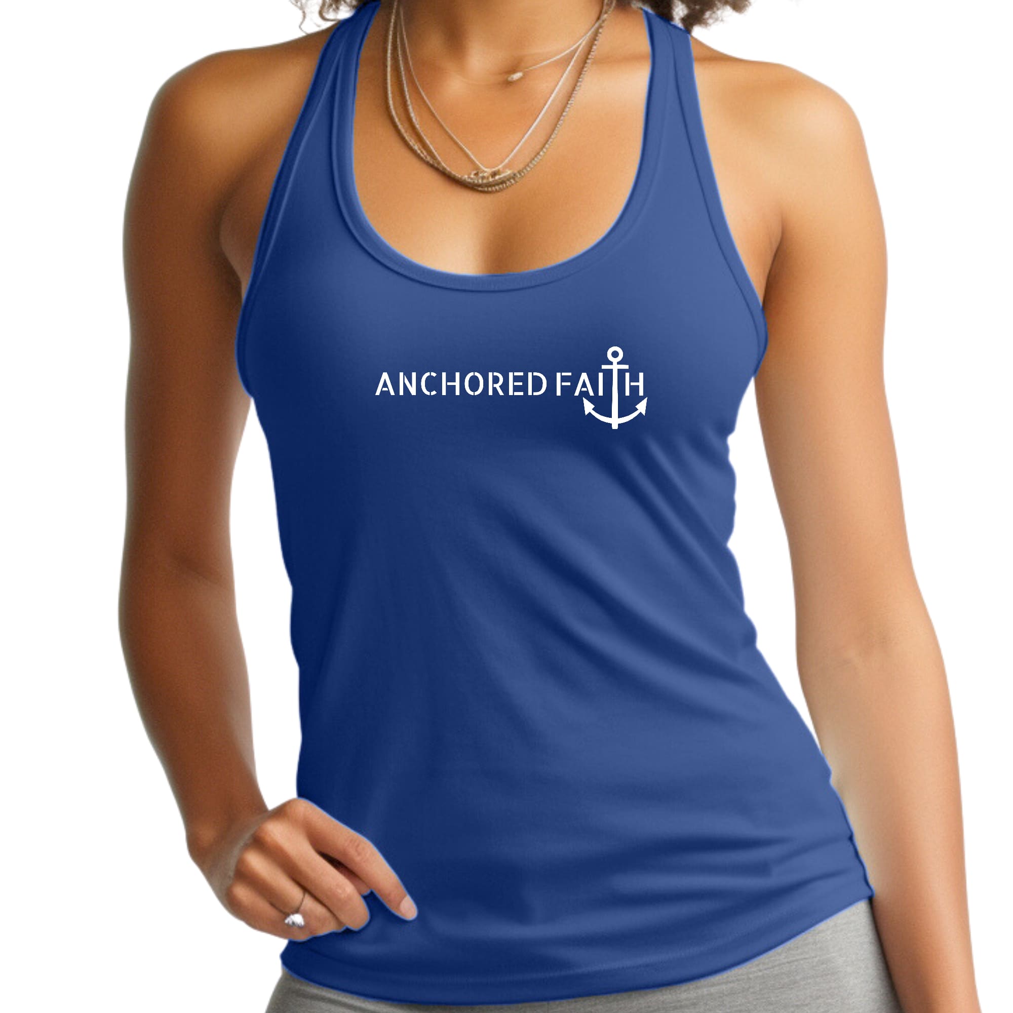 Women's Fitness Tank Top featuring Anchored Faith graphic print, made from soft preshrunk cotton, ideal for workouts and casual wear.