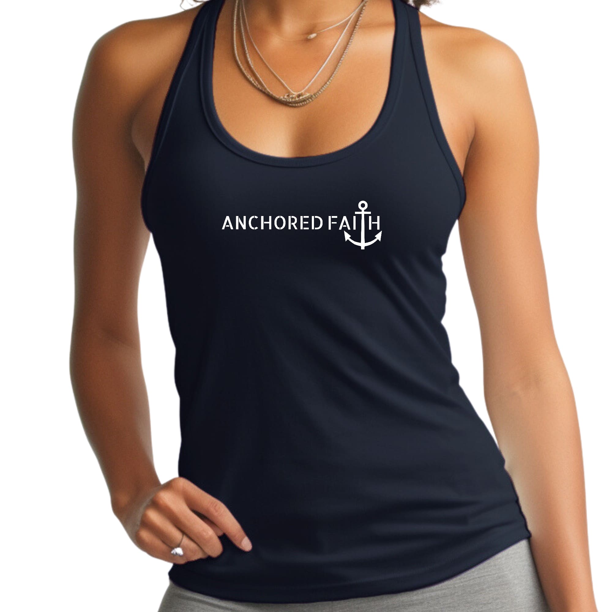 Women's Fitness Tank Top featuring Anchored Faith graphic print, made from soft preshrunk cotton, ideal for workouts and casual wear.