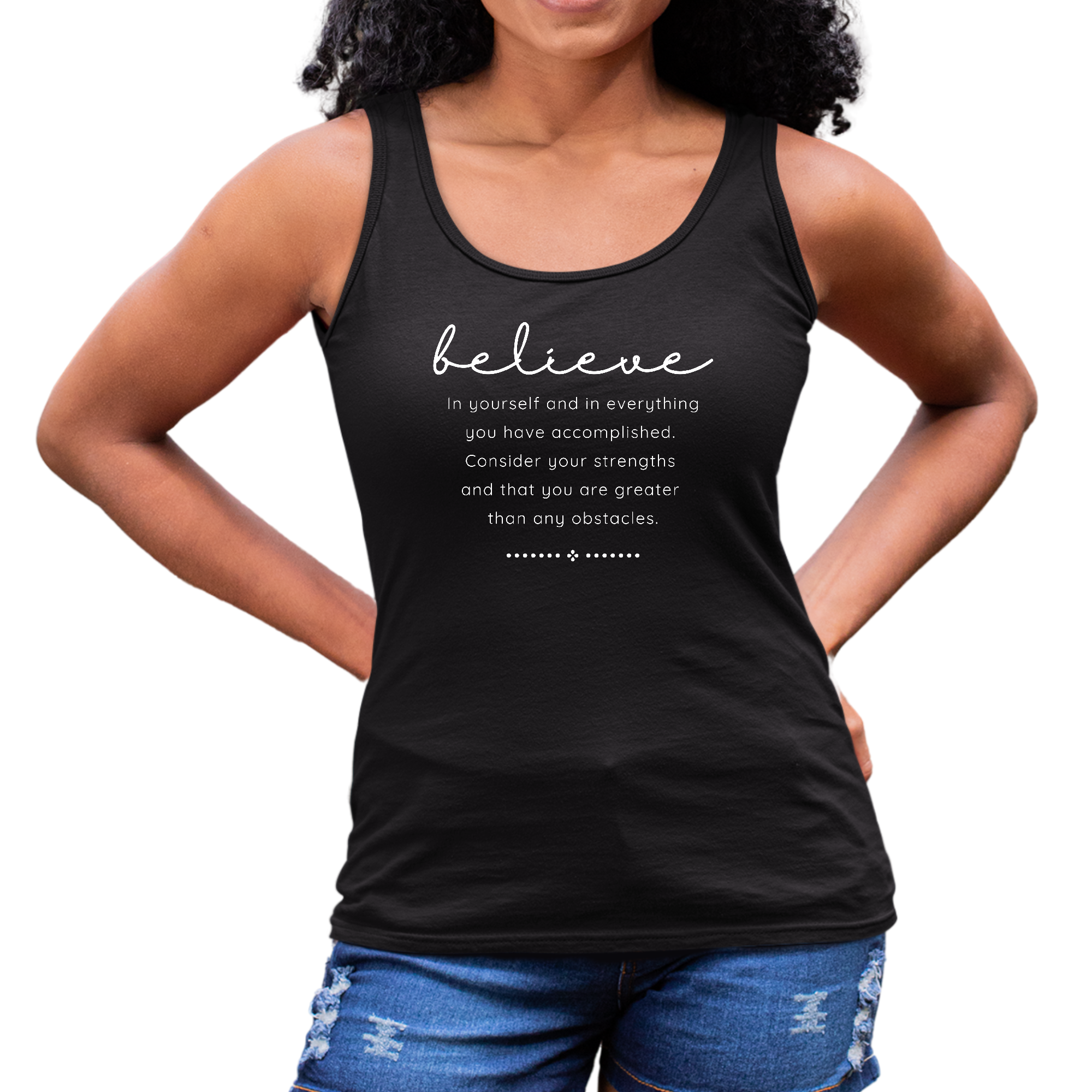 Women's Fitness Tank Top featuring 'Believe in Yourself' graphic, made from soft preshrunk cotton, ideal for workouts and casual wear.