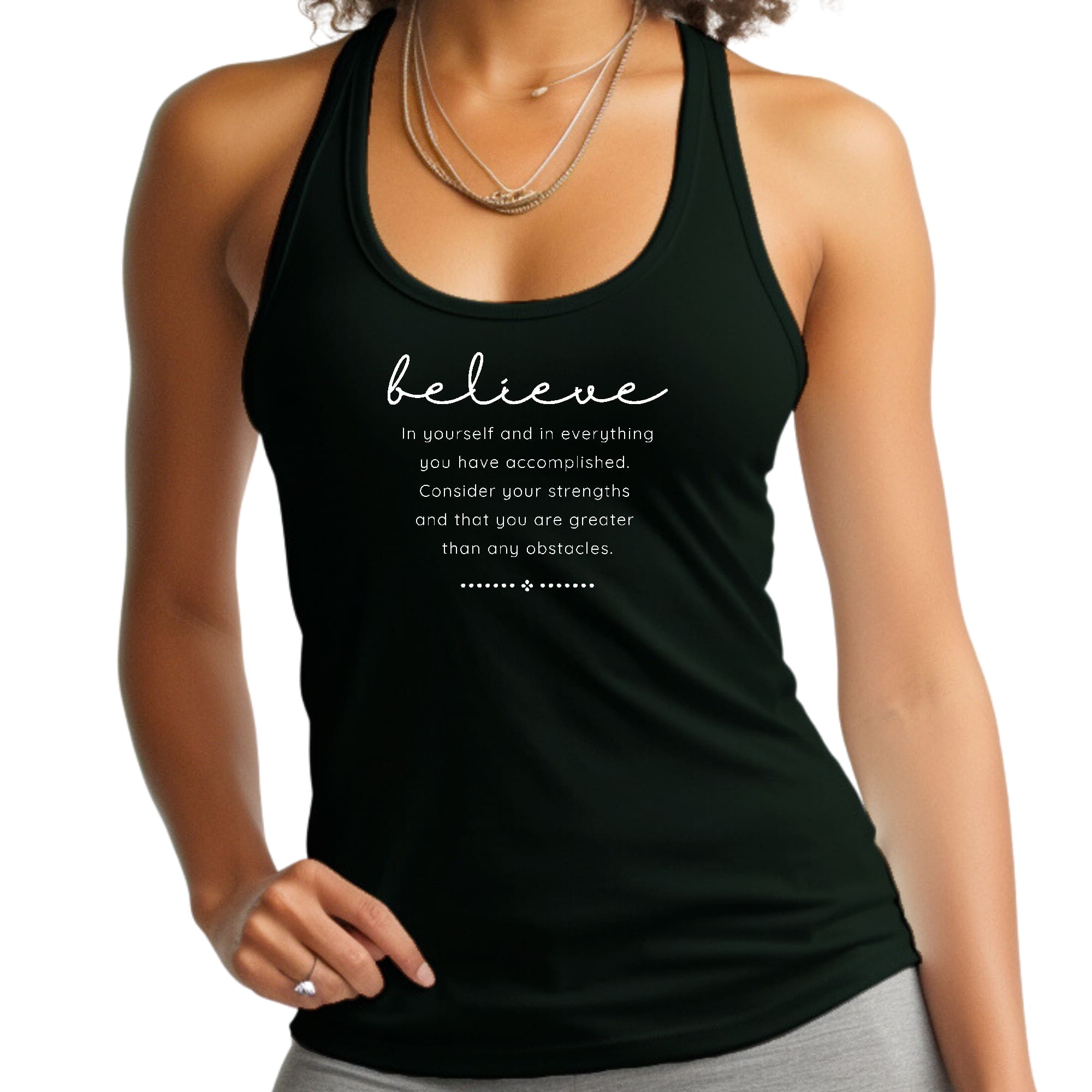 Women's Fitness Tank Top featuring 'Believe in Yourself' graphic, made from soft preshrunk cotton, ideal for workouts and casual wear.