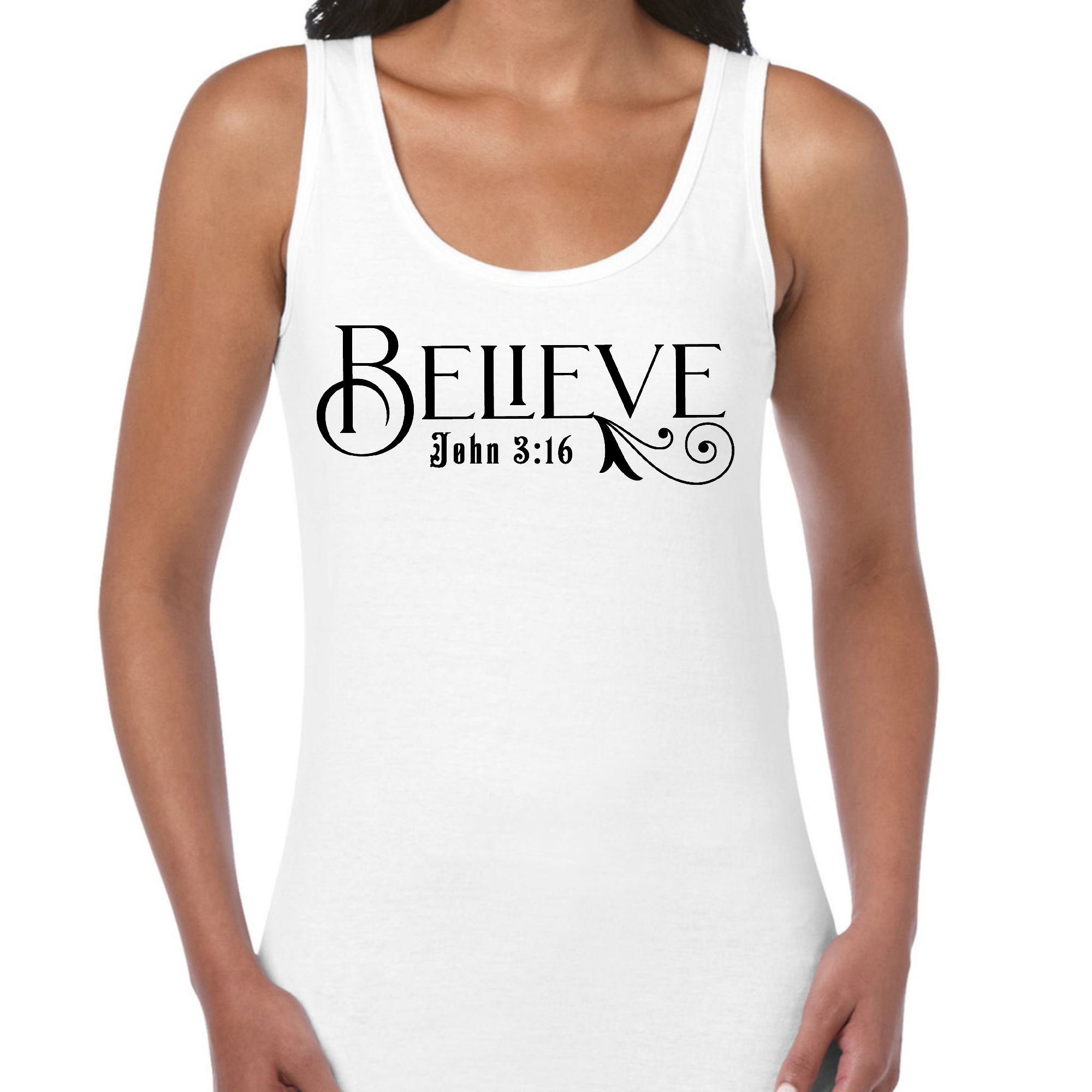 Women's black fitness tank top featuring Believe John 3:16 scripture print, made from soft preshrunk cotton.