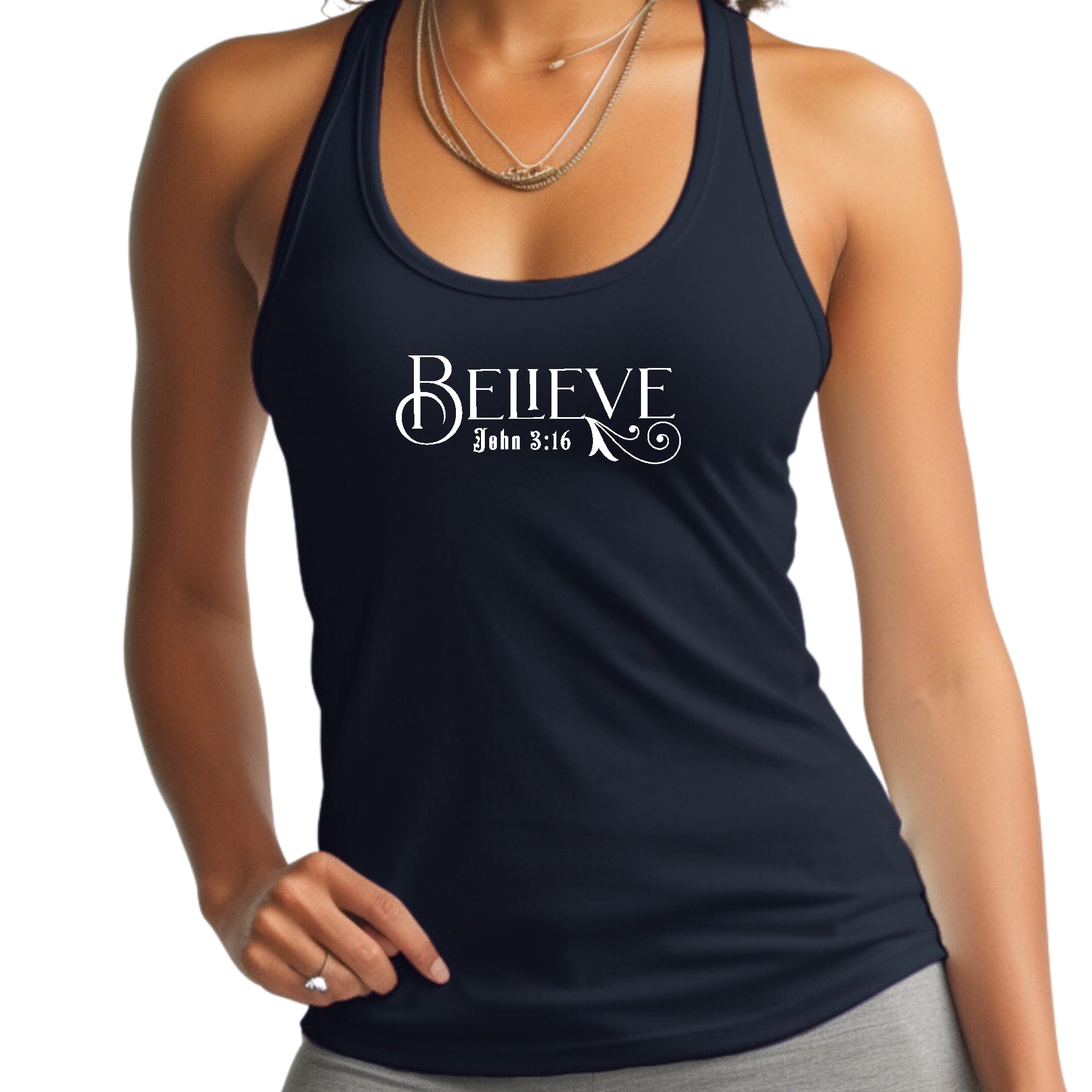 Women's Fitness Tank Top with Believe John 3:16 graphic print, made from soft preshrunk cotton, ideal for workouts and casual wear.