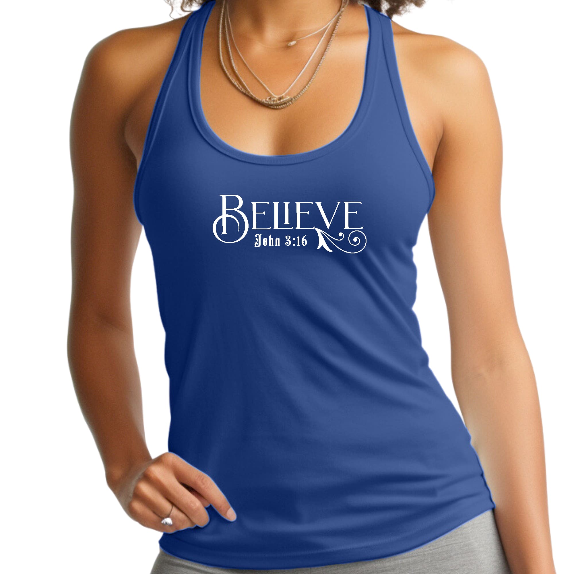 Women's Fitness Tank Top with Believe John 3:16 graphic print, made from soft preshrunk cotton, ideal for workouts and casual wear.