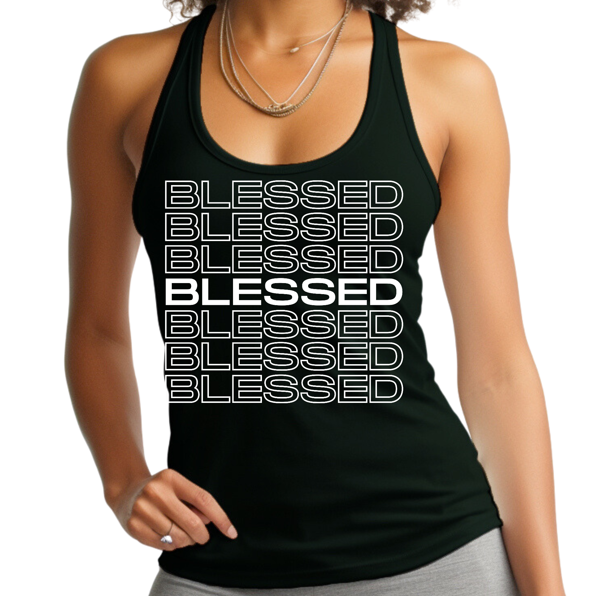 Women's Fitness Tank Top in soft preshrunk cotton featuring a Blessed Stacked Print, ideal for workouts and casual wear.