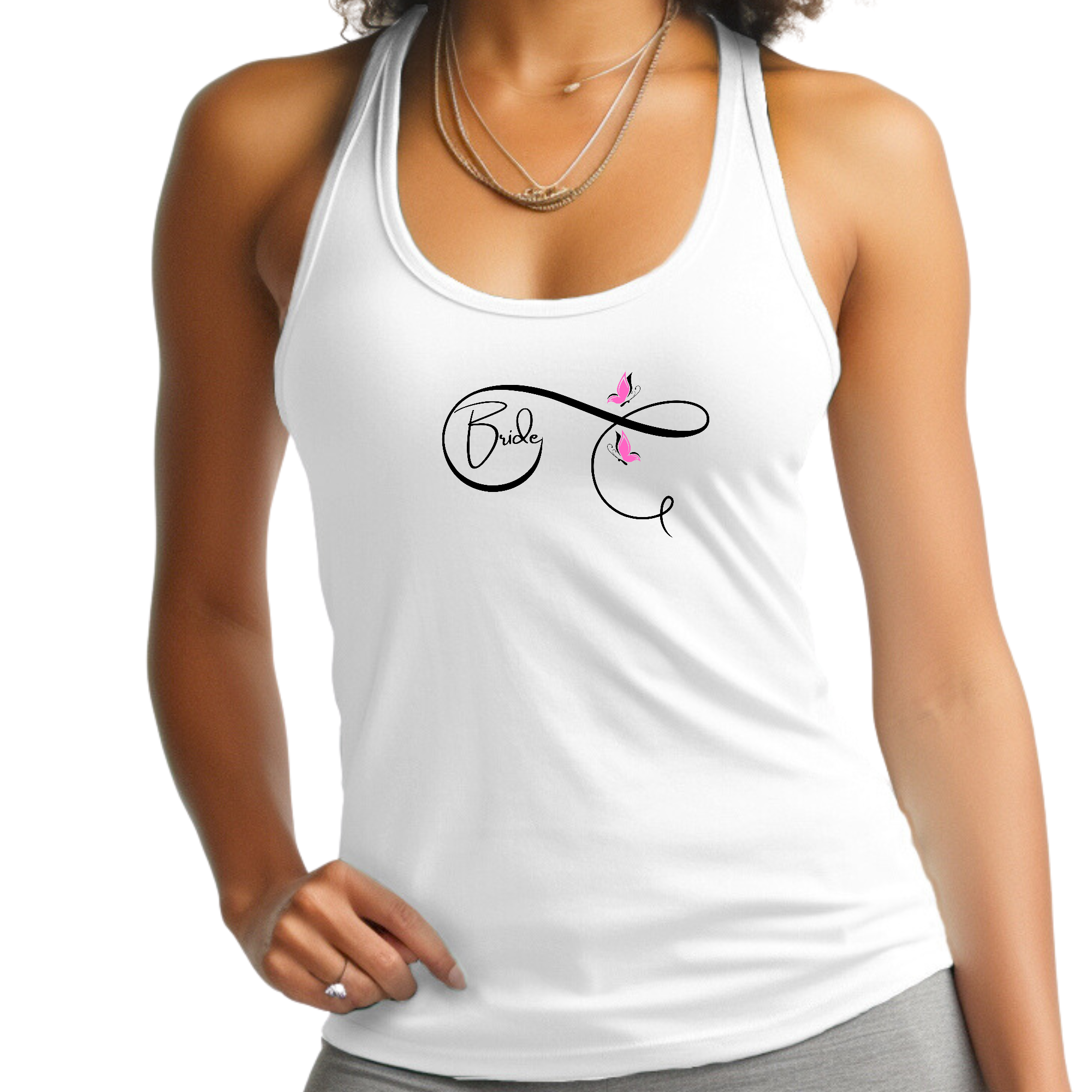 Womens Fitness Tank Top in pink with a butterfly illustration, perfect for brides and activewear.