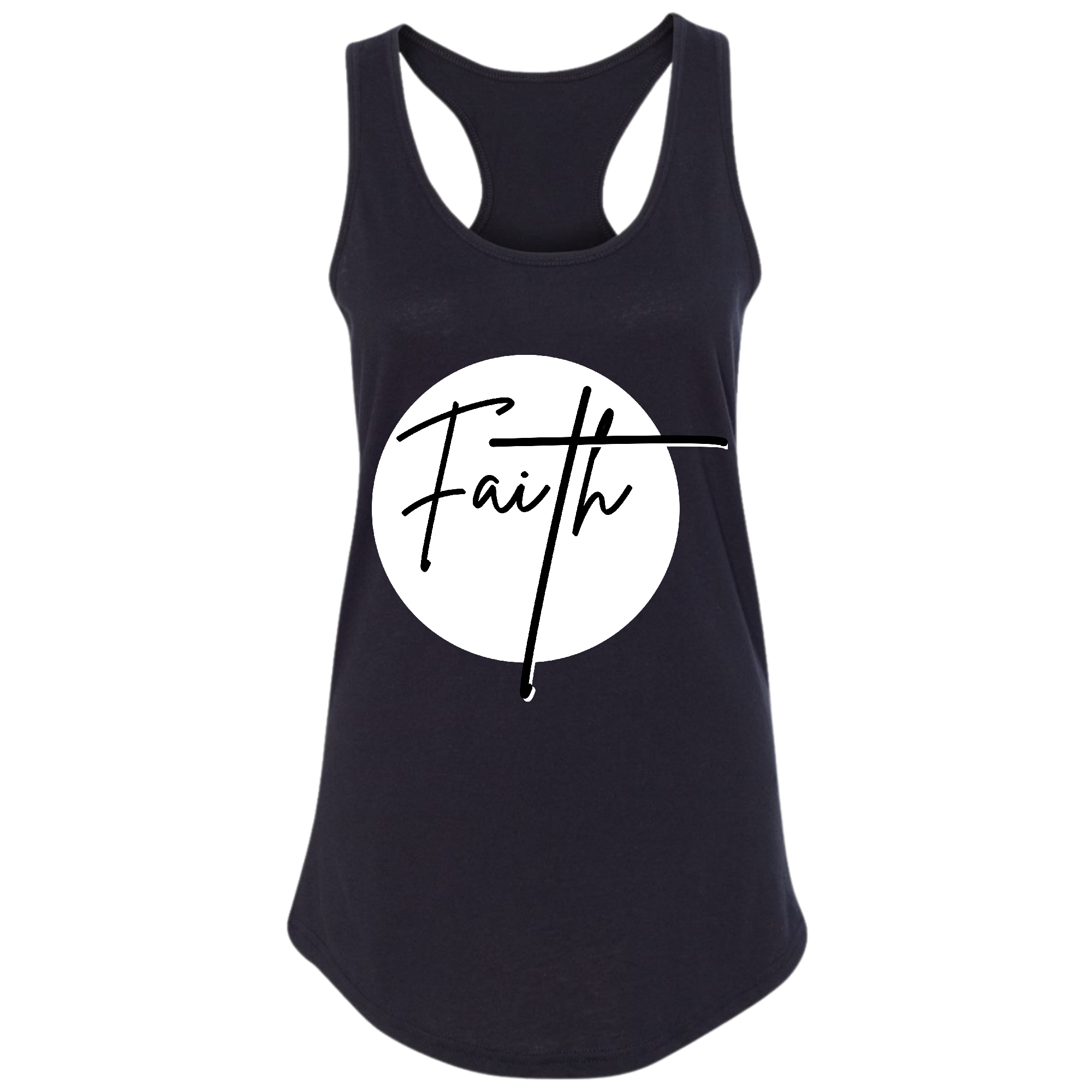 Women's Fitness Tank Top in white and black with Faith Print, showcasing a comfortable and stylish design for activewear.