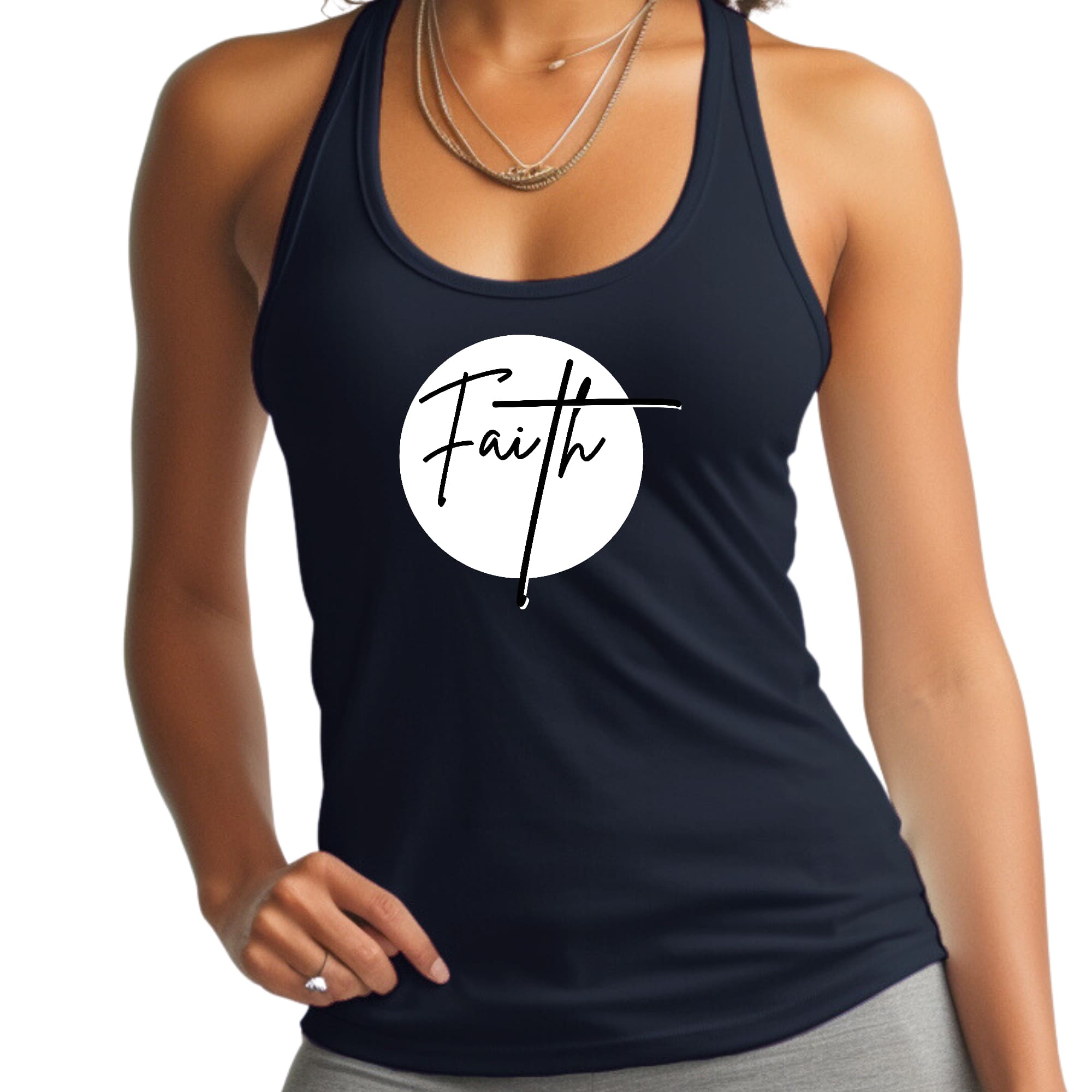 Women's Fitness Tank Top in white and black with Faith Print, showcasing a comfortable and stylish design for activewear.