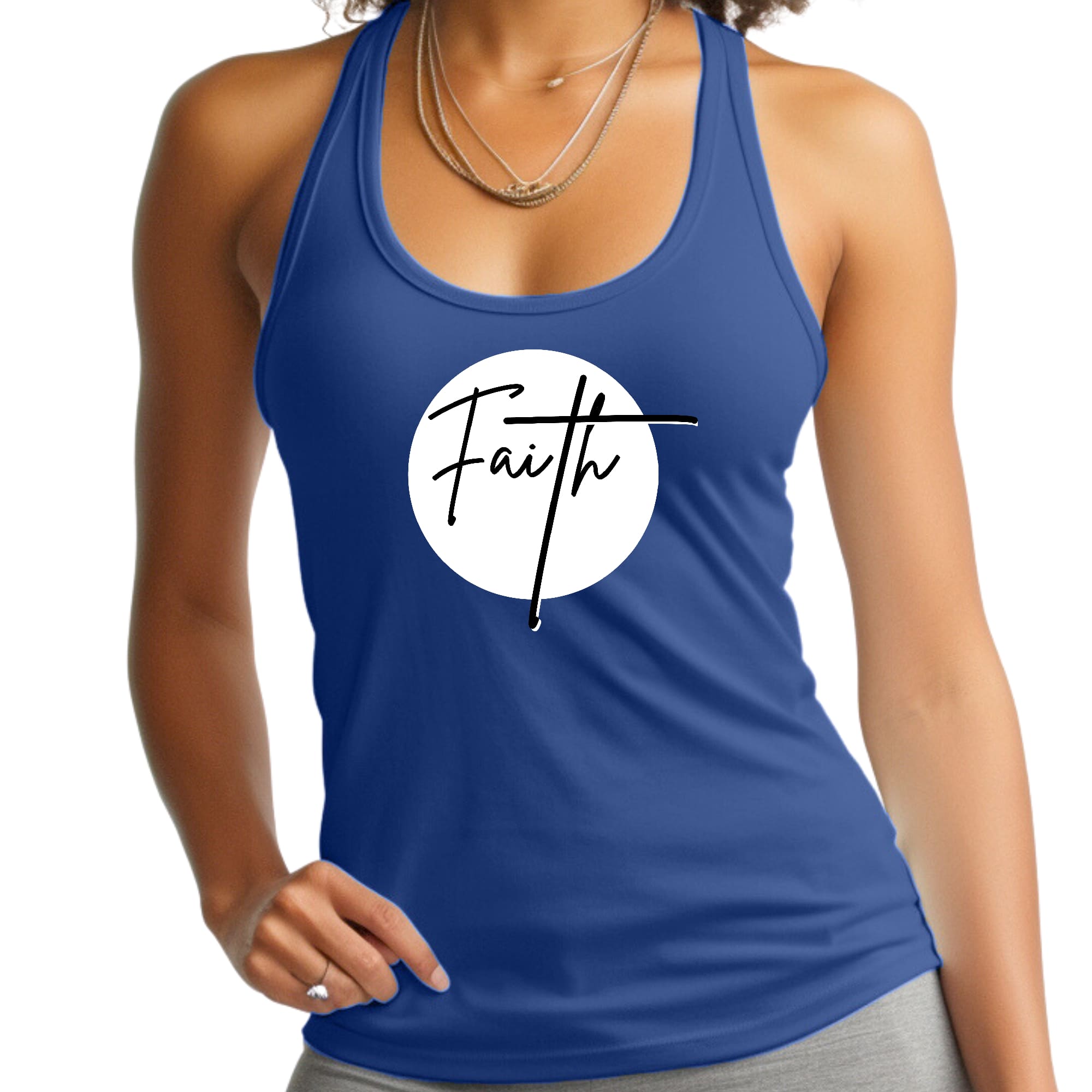 Women's Fitness Tank Top in white and black with Faith Print, showcasing a comfortable and stylish design for activewear.