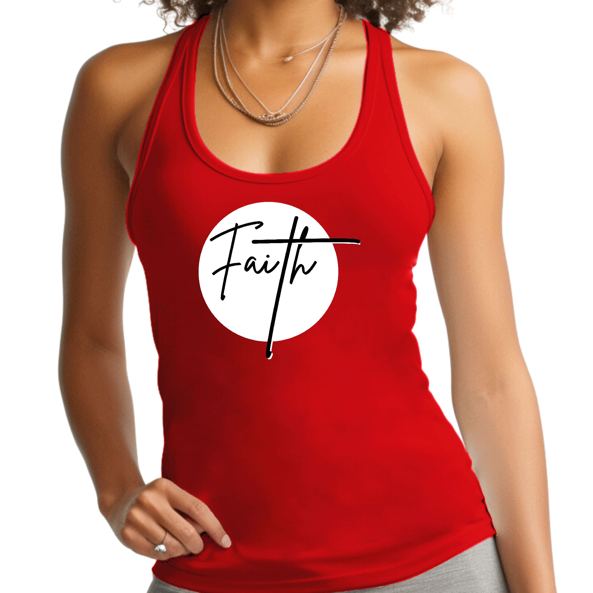 Women's Fitness Tank Top in white and black with Faith Print, showcasing a comfortable and stylish design for activewear.