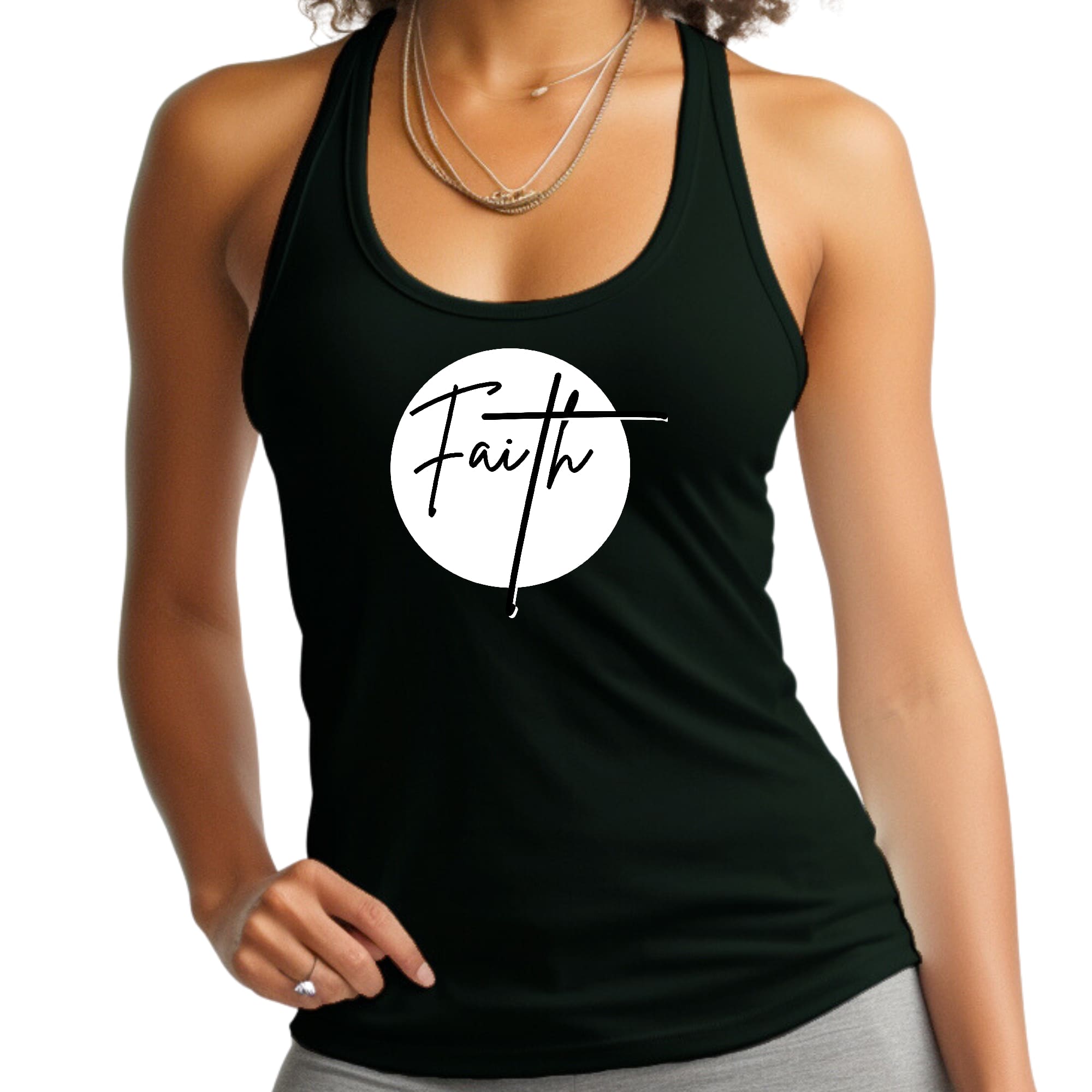 Women's Fitness Tank Top in white and black with Faith Print, showcasing a comfortable and stylish design for activewear.