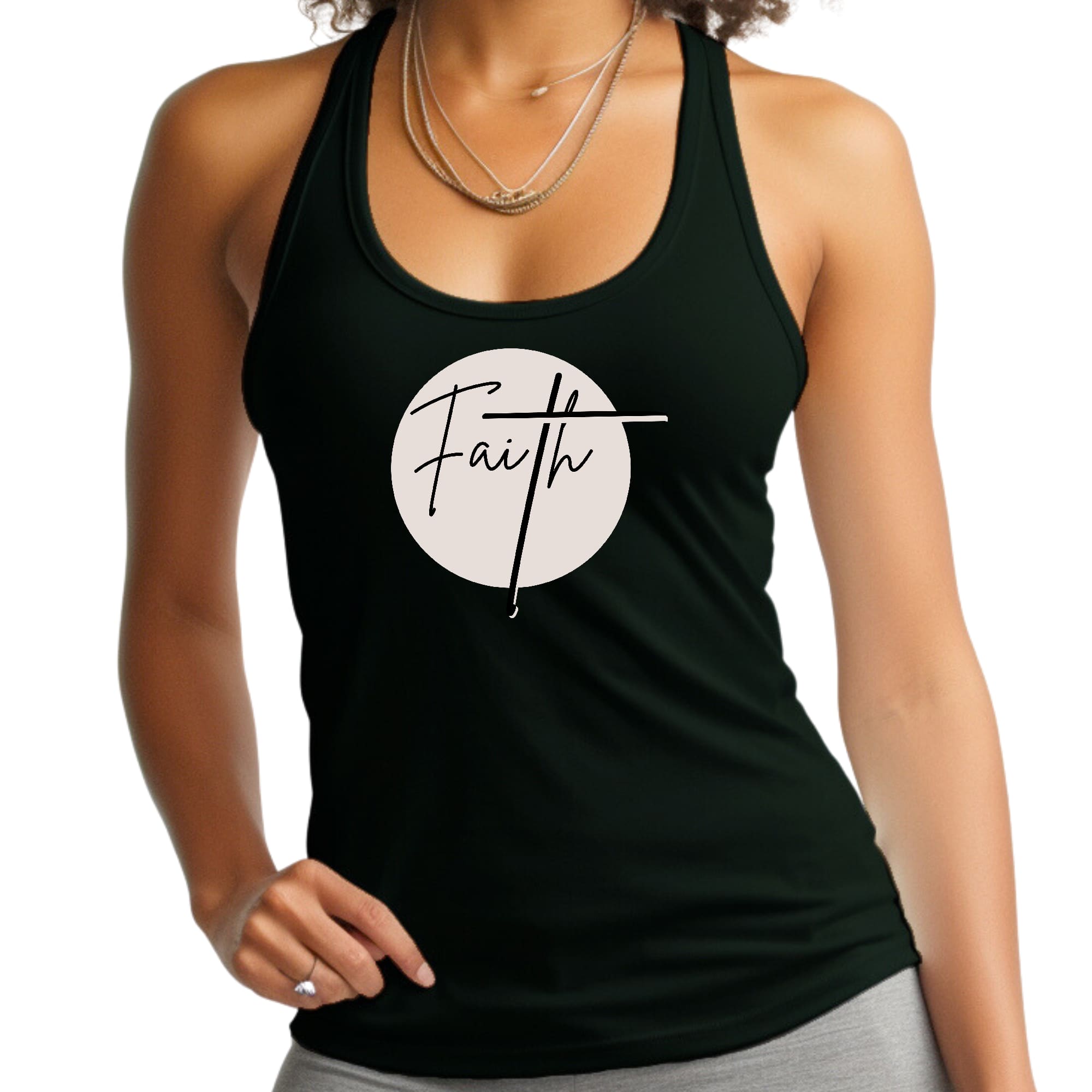 Women's Fitness Tank Top in brown and black with Faith print, made from soft preshrunk cotton, perfect for workouts and casual wear.