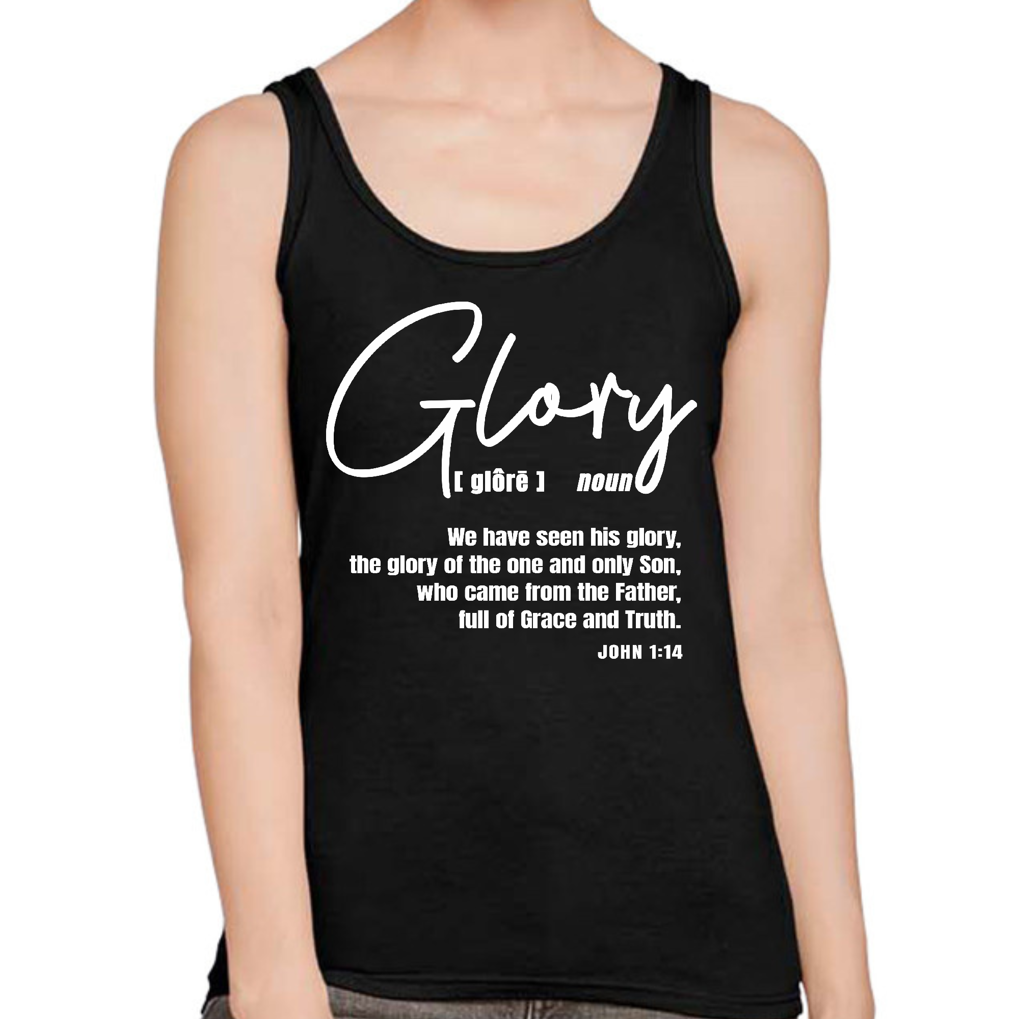 Women's Fitness Tank Top Graphic T-shirt Glory featuring Christian inspiration, soft cotton material, and a unisex fit.