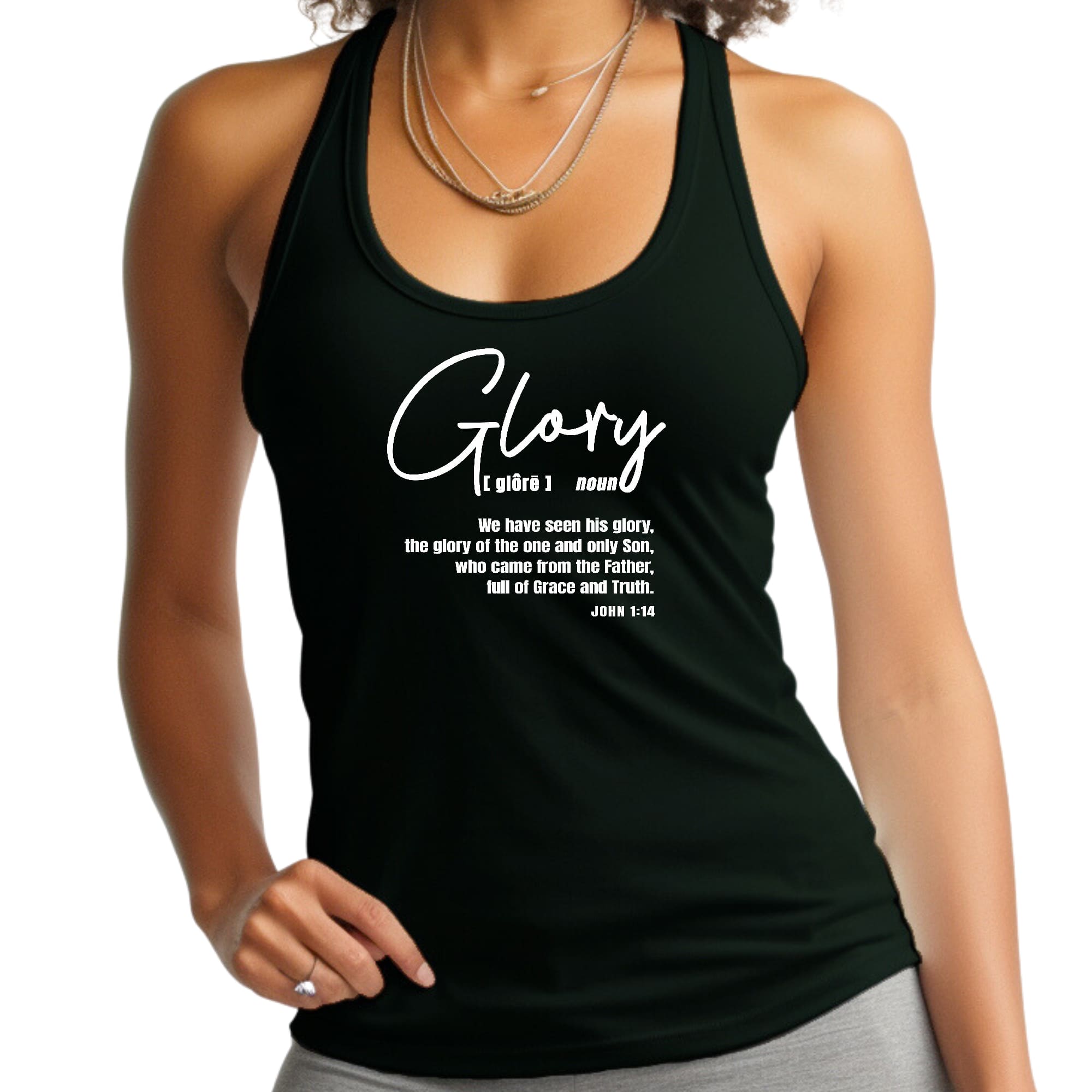 Women's Fitness Tank Top Graphic T-shirt Glory featuring Christian inspiration, soft cotton material, and a unisex fit.