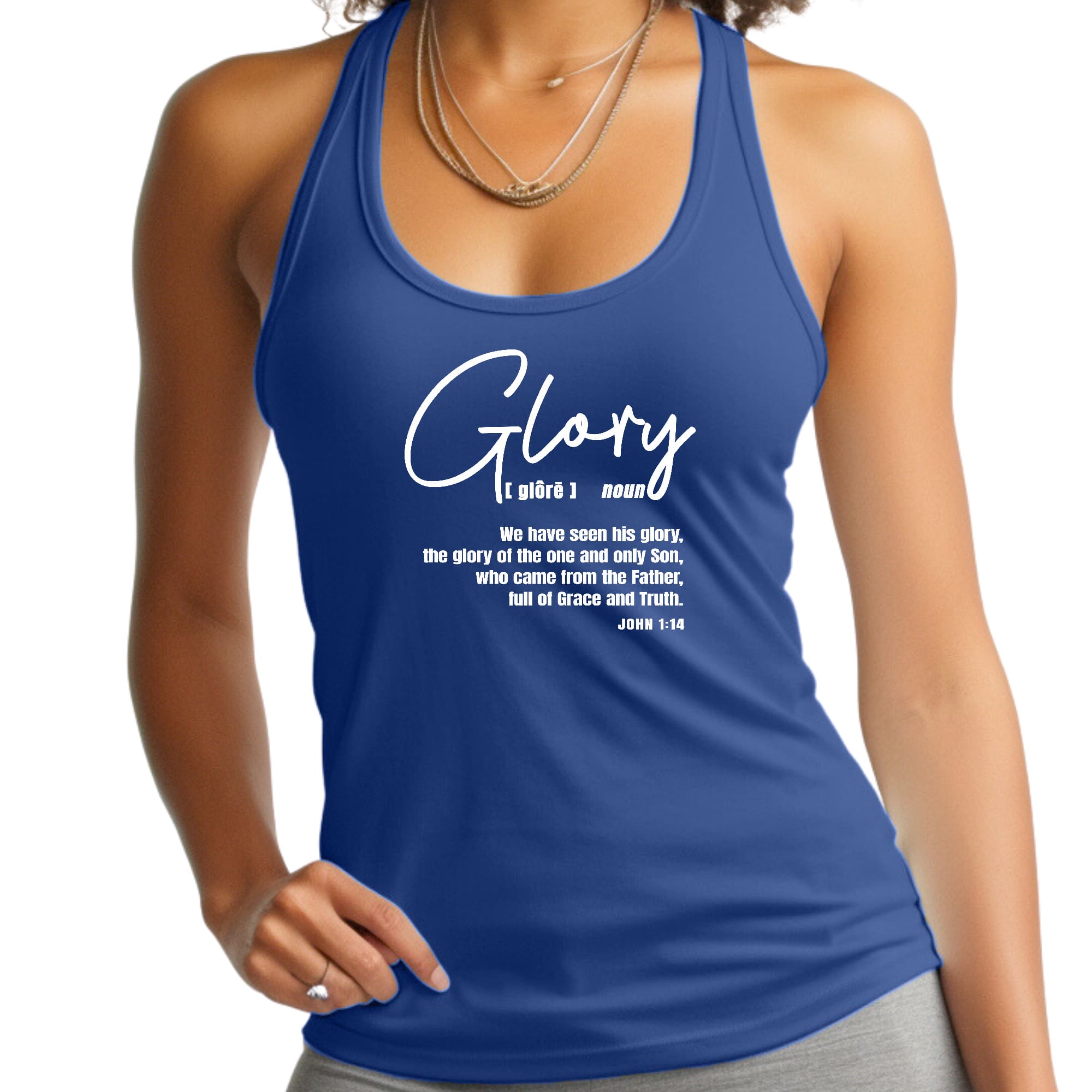 Women's Fitness Tank Top Graphic T-shirt Glory featuring Christian inspiration, soft cotton material, and a unisex fit.