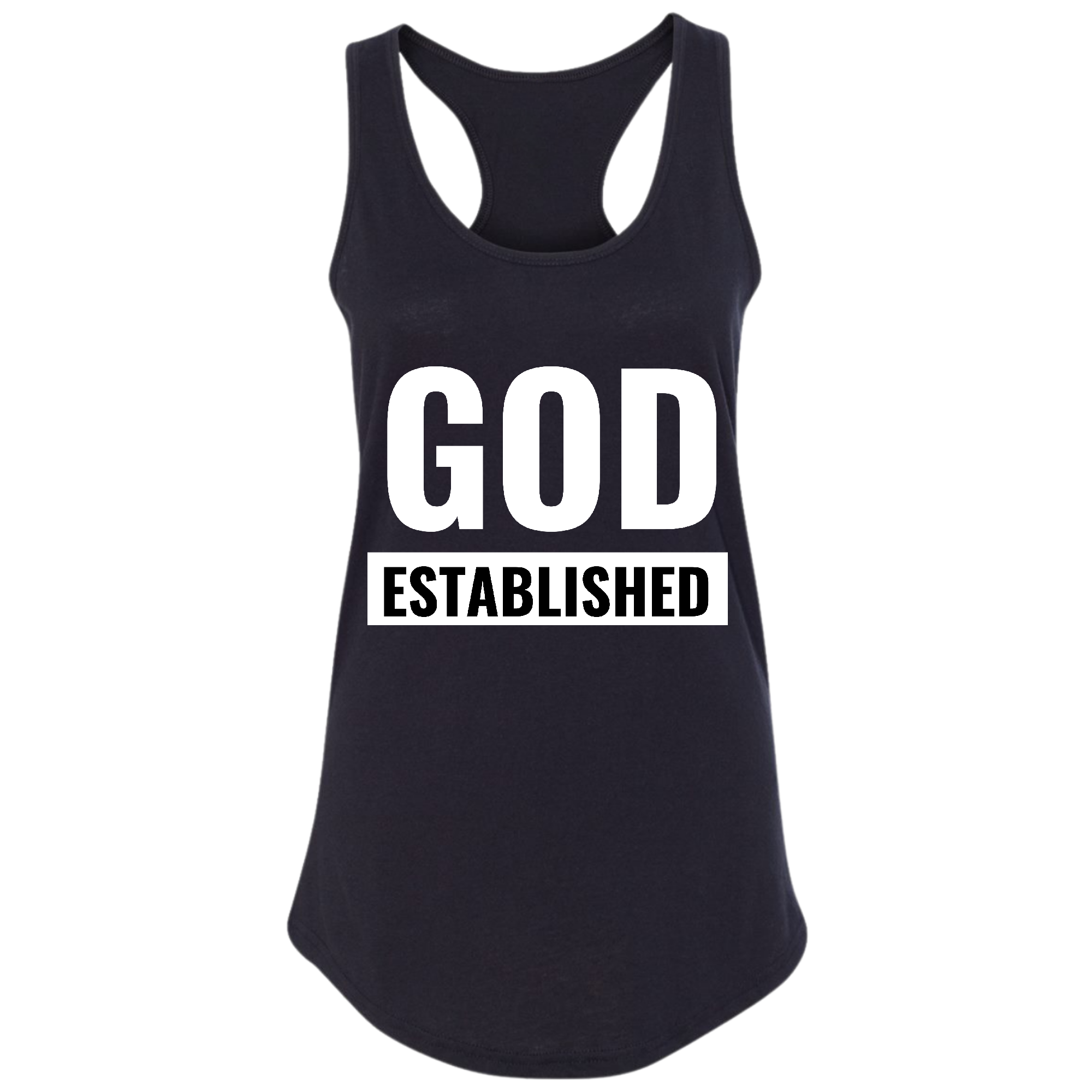 A stylish women's fitness tank top featuring a black and white graphic illustration with the text 'God Established', made from soft preshrunk cotton.