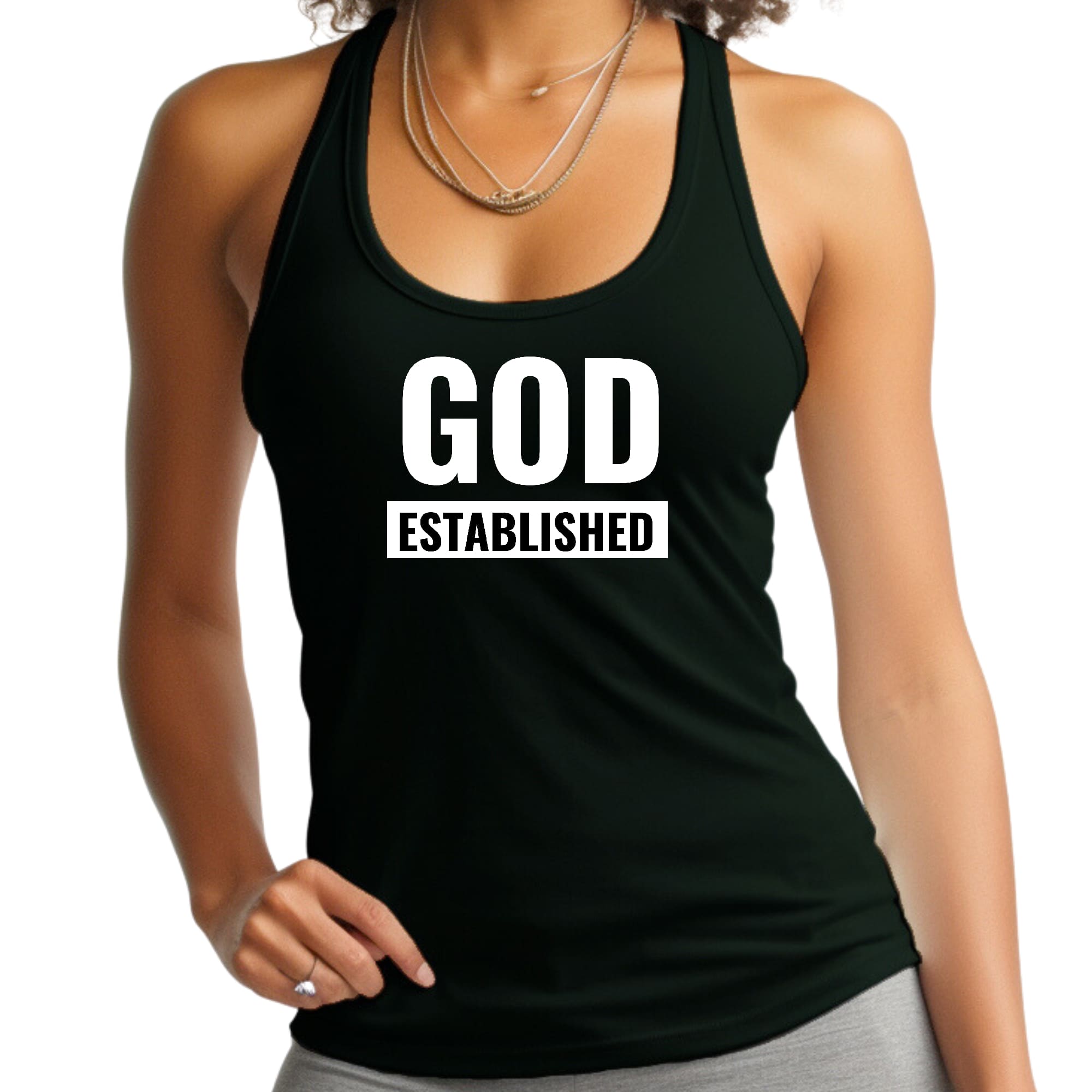 A stylish women's fitness tank top featuring a black and white graphic illustration with the text 'God Established', made from soft preshrunk cotton.