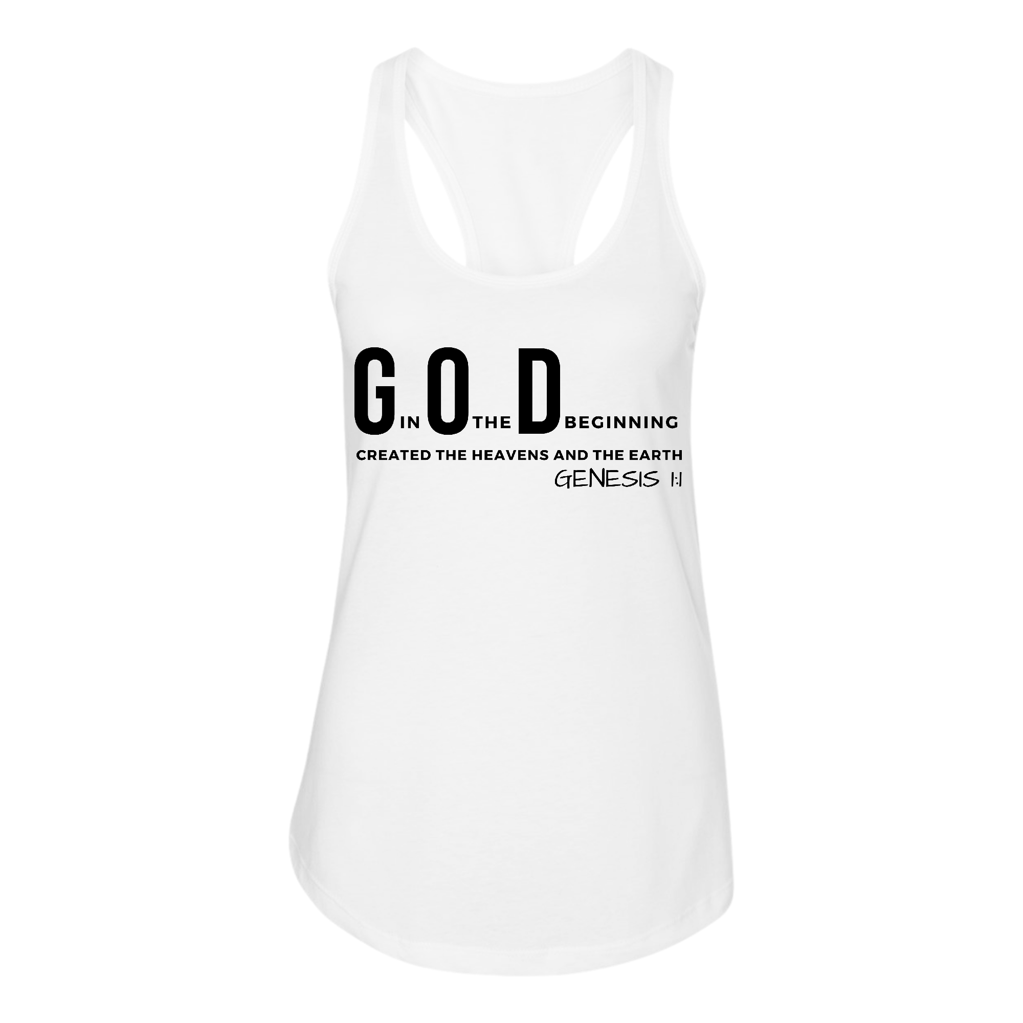 Women's Fitness Tank Top in black featuring the print 'God in the Beginning Created The Heavens And The Earth', made from soft preshrunk cotton.