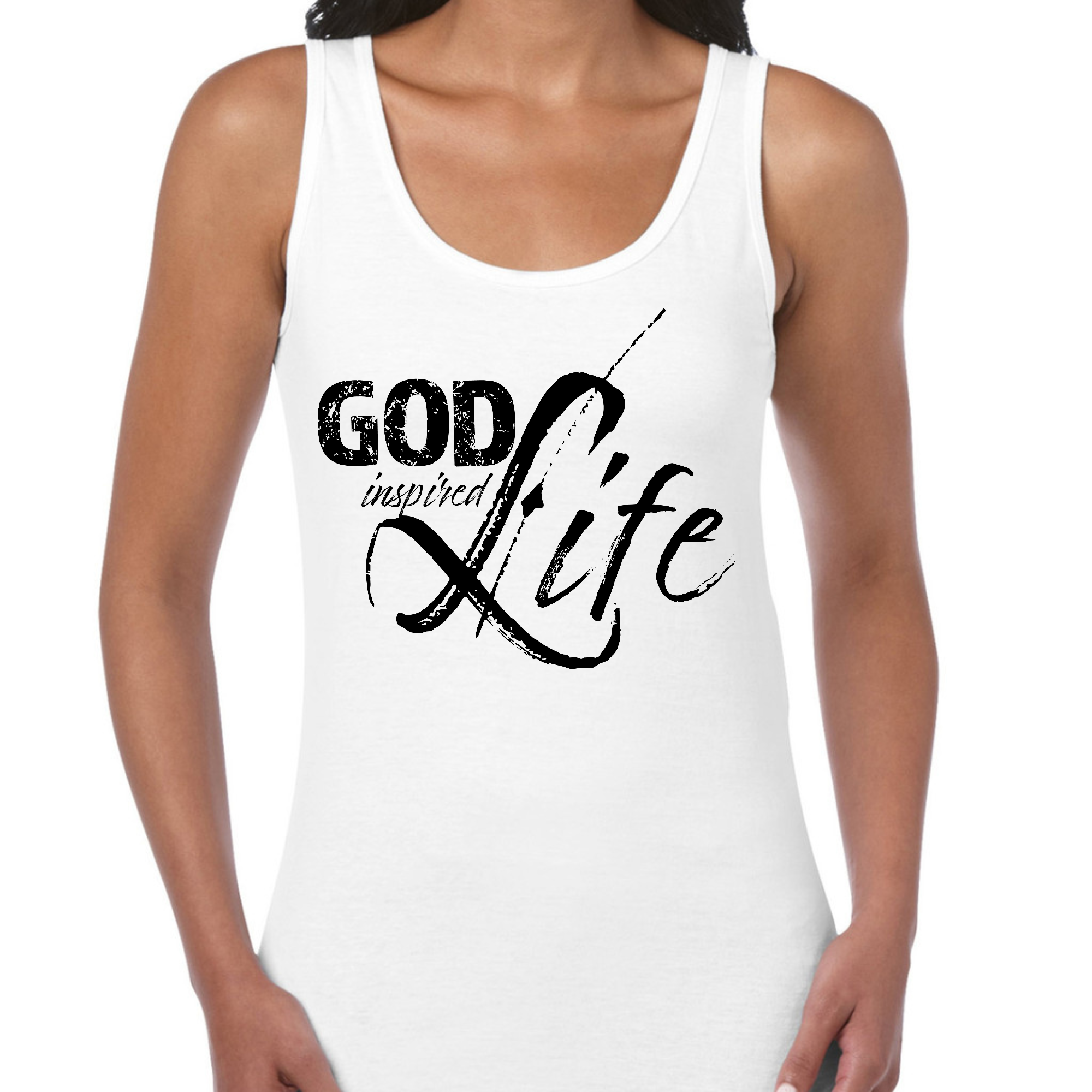 Black women's fitness tank top featuring God Inspired Life inspirational quote print, made from soft preshrunk cotton.