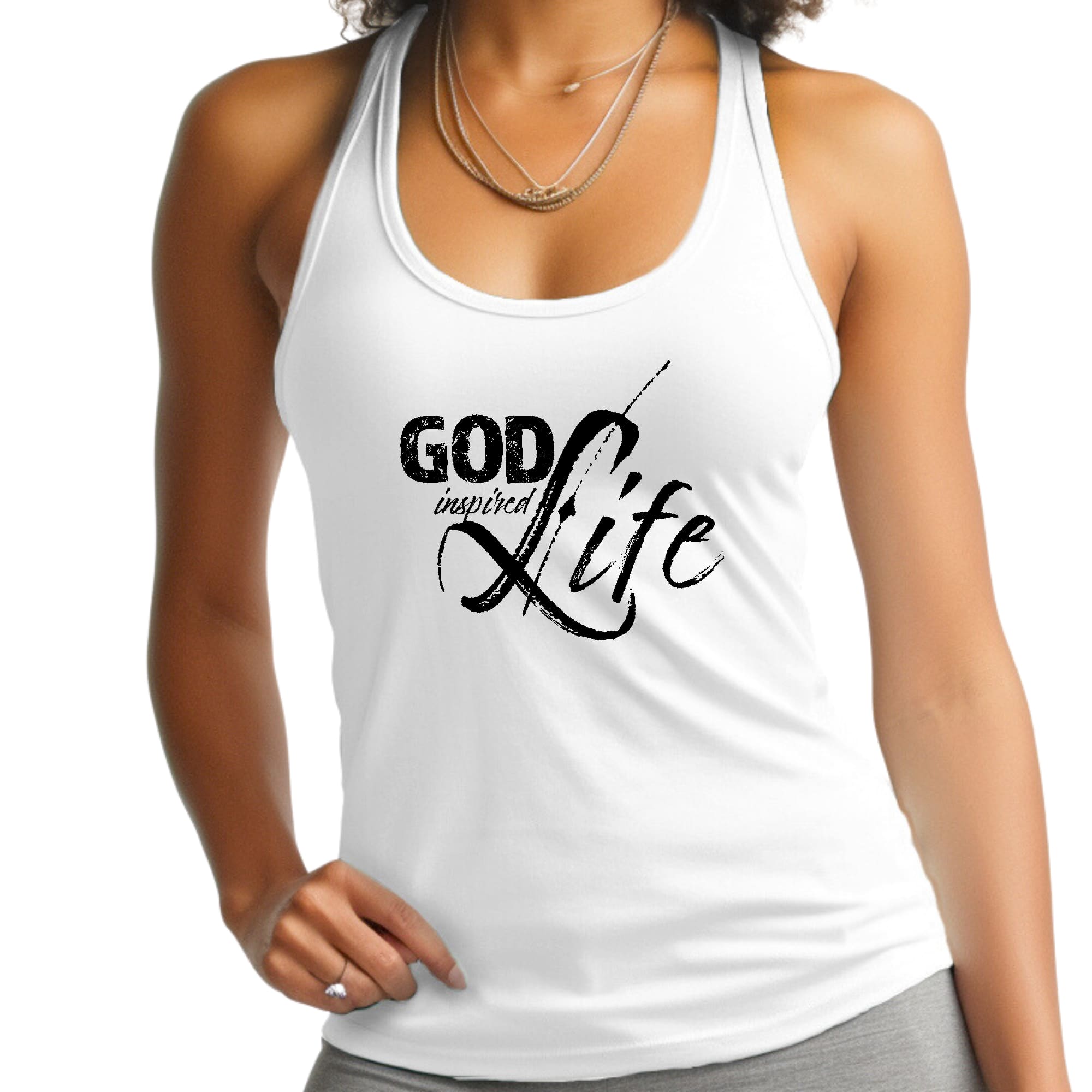 Black women's fitness tank top featuring God Inspired Life inspirational quote print, made from soft preshrunk cotton.