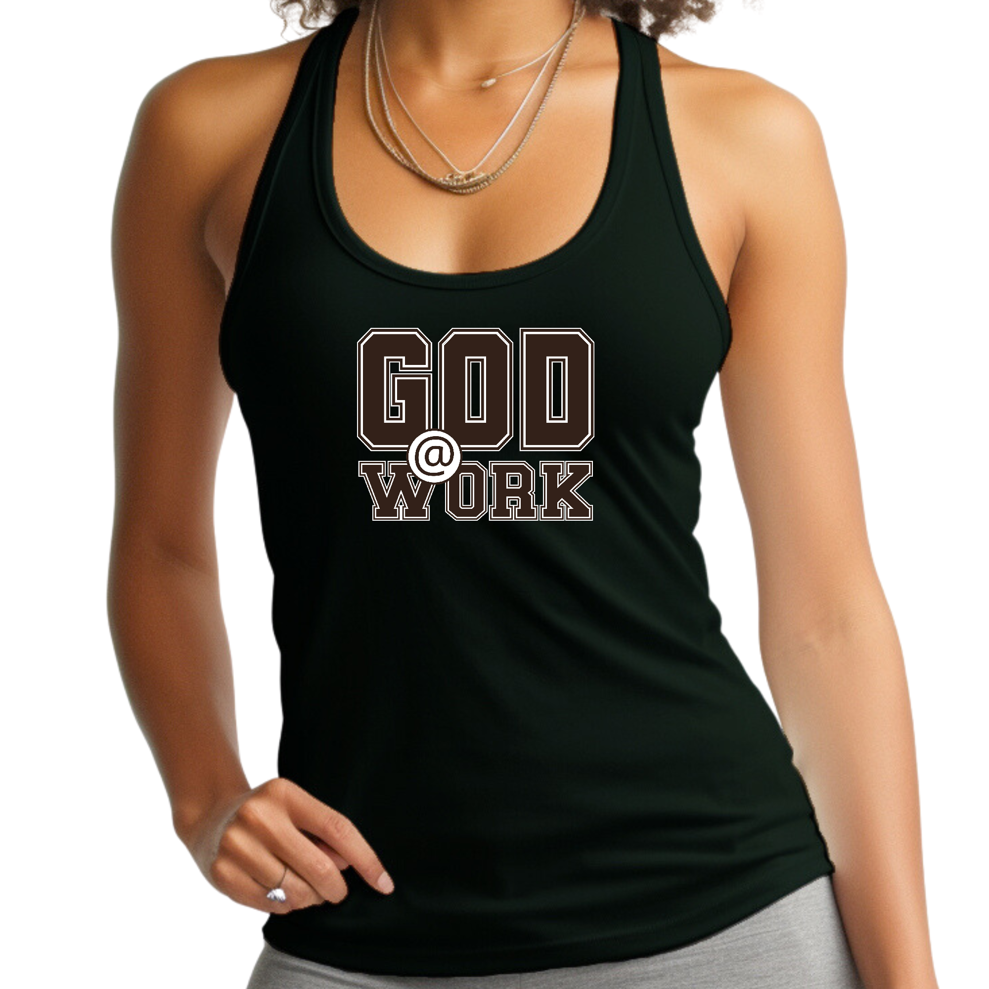 Women's fitness tank top featuring a brown and white 'God @ Work' graphic print, made from soft preshrunk cotton for comfort.