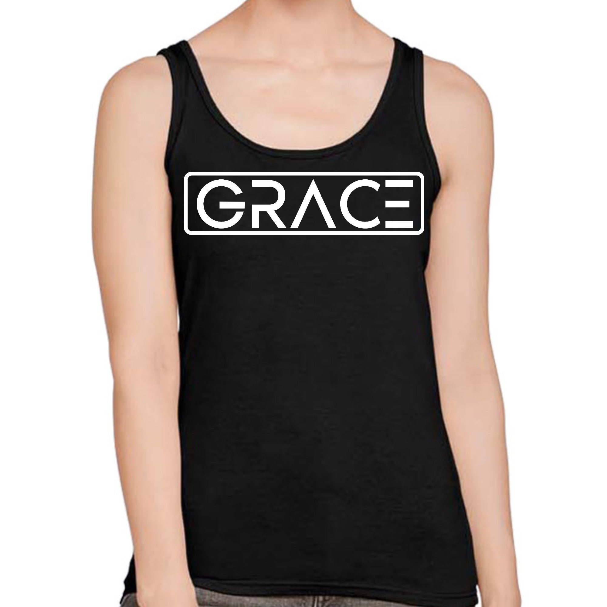 Womens Fitness Tank Top Graphic T-shirt Grace in soft cotton material, featuring a stylish graphic design and unisex fit.