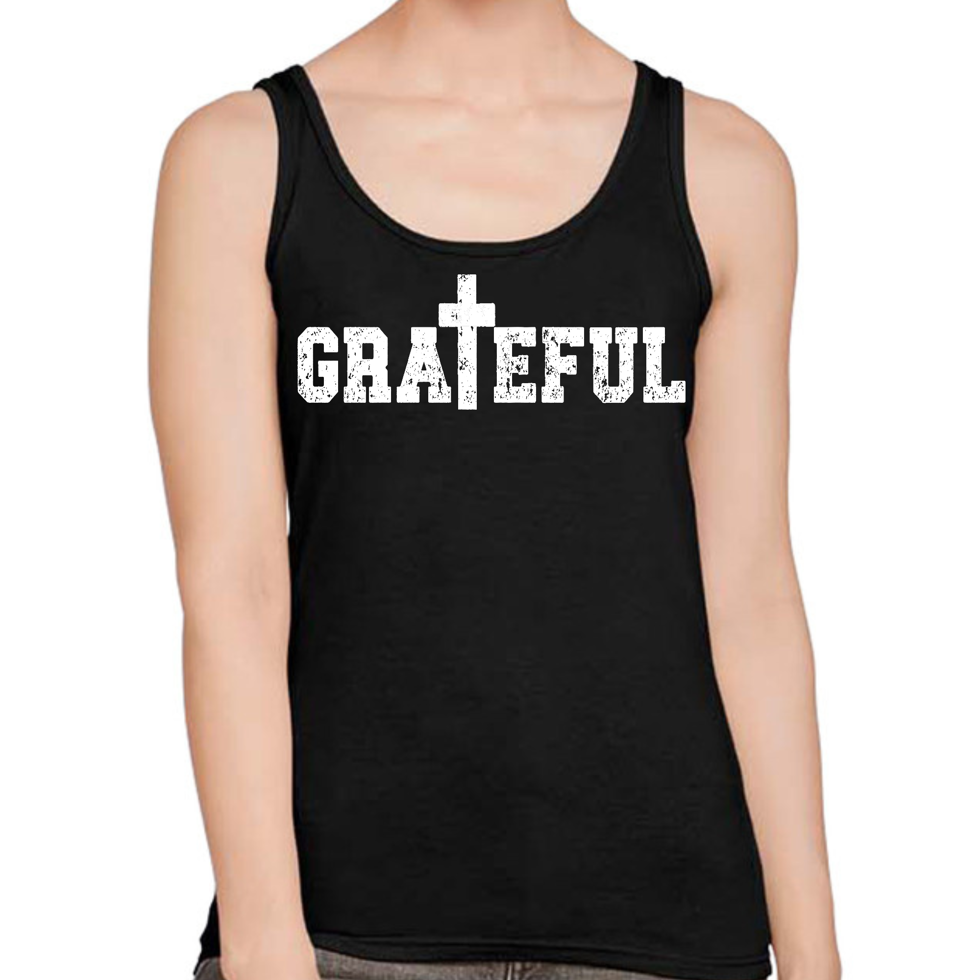 Women's Fitness Tank Top featuring a Grateful Print, made of soft cotton with a unisex fit.