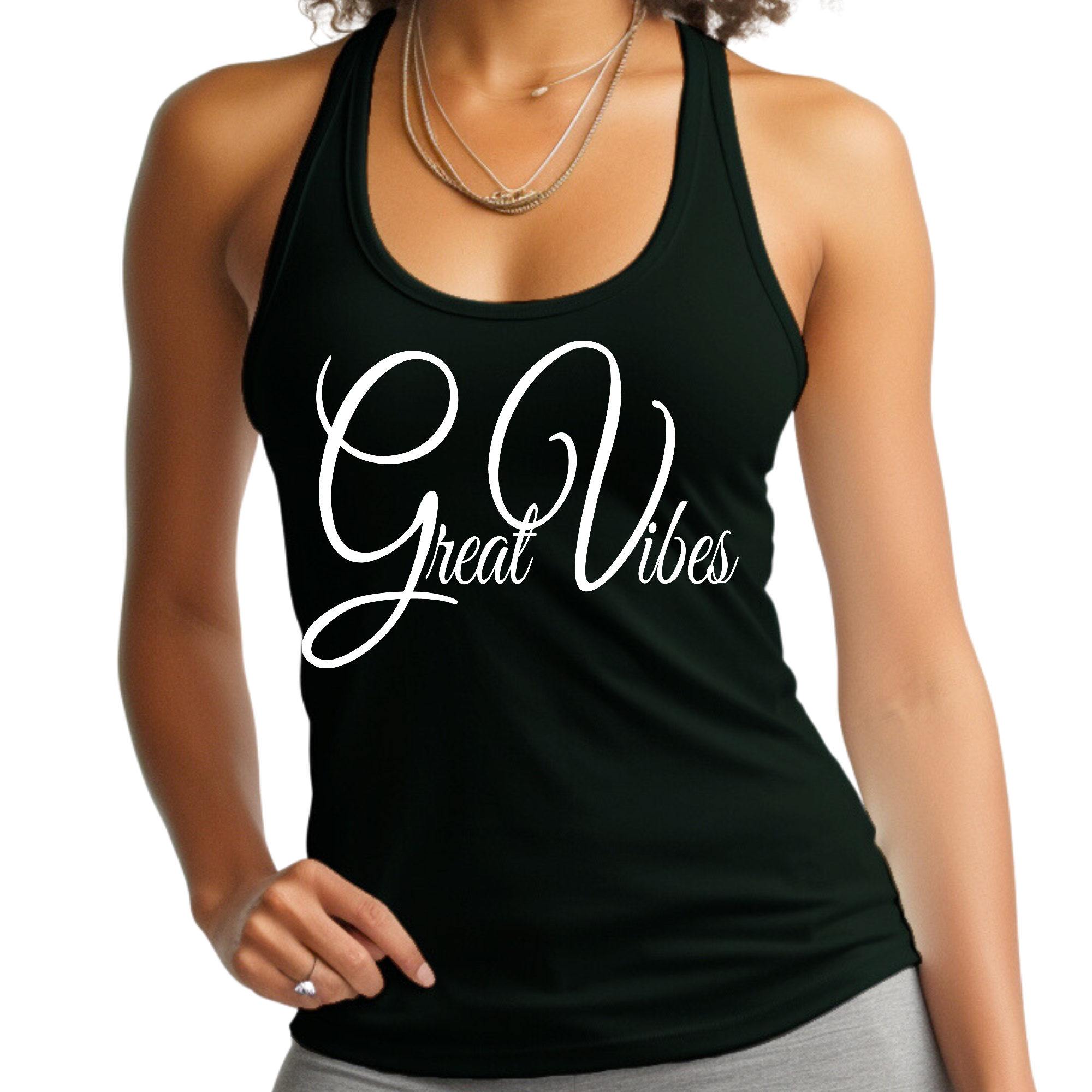 Women's Fitness Tank Top in soft preshrunk cotton featuring a vibrant 'Great Vibes' graphic, perfect for workouts and casual wear.