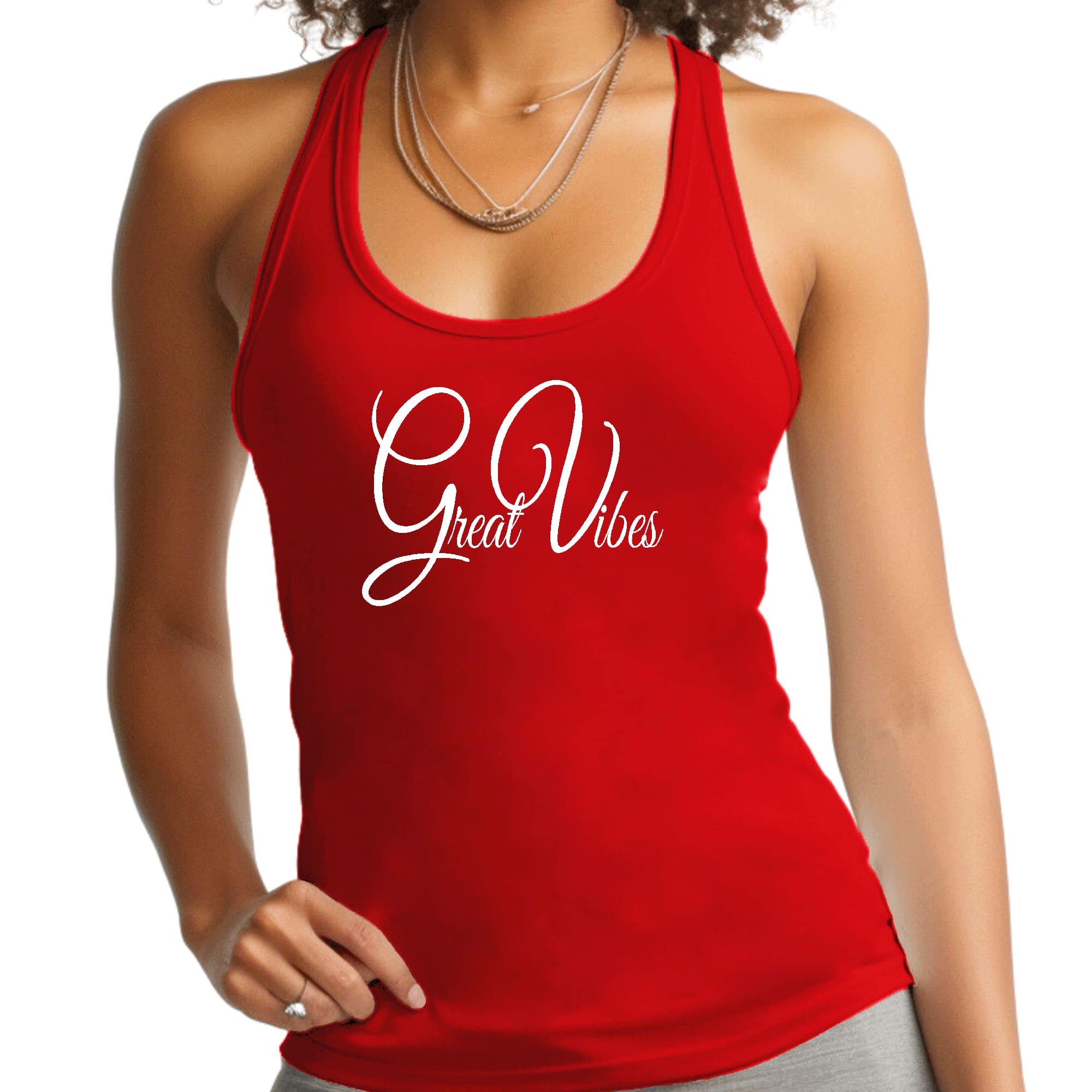 Women's Fitness Tank Top in soft preshrunk cotton featuring a vibrant 'Great Vibes' graphic, perfect for workouts and casual wear.