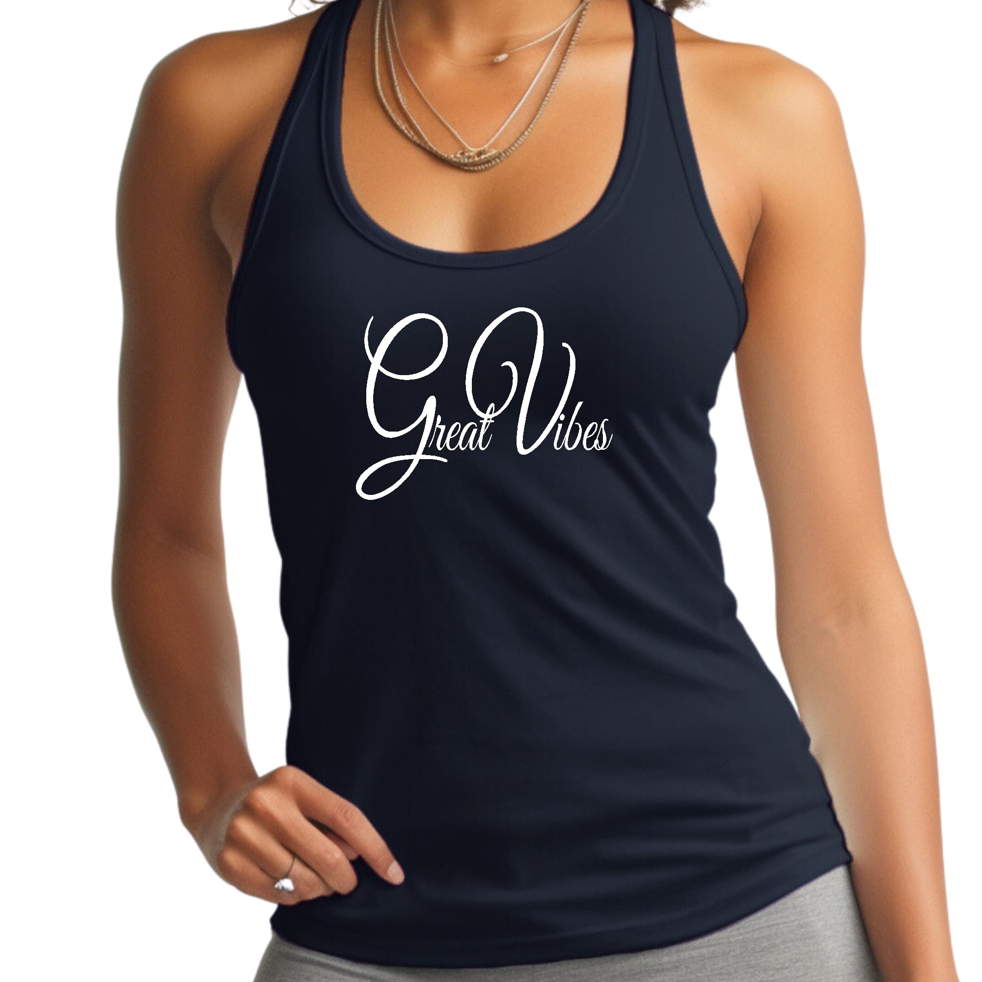 Women's Fitness Tank Top in soft preshrunk cotton featuring a vibrant 'Great Vibes' graphic, perfect for workouts and casual wear.