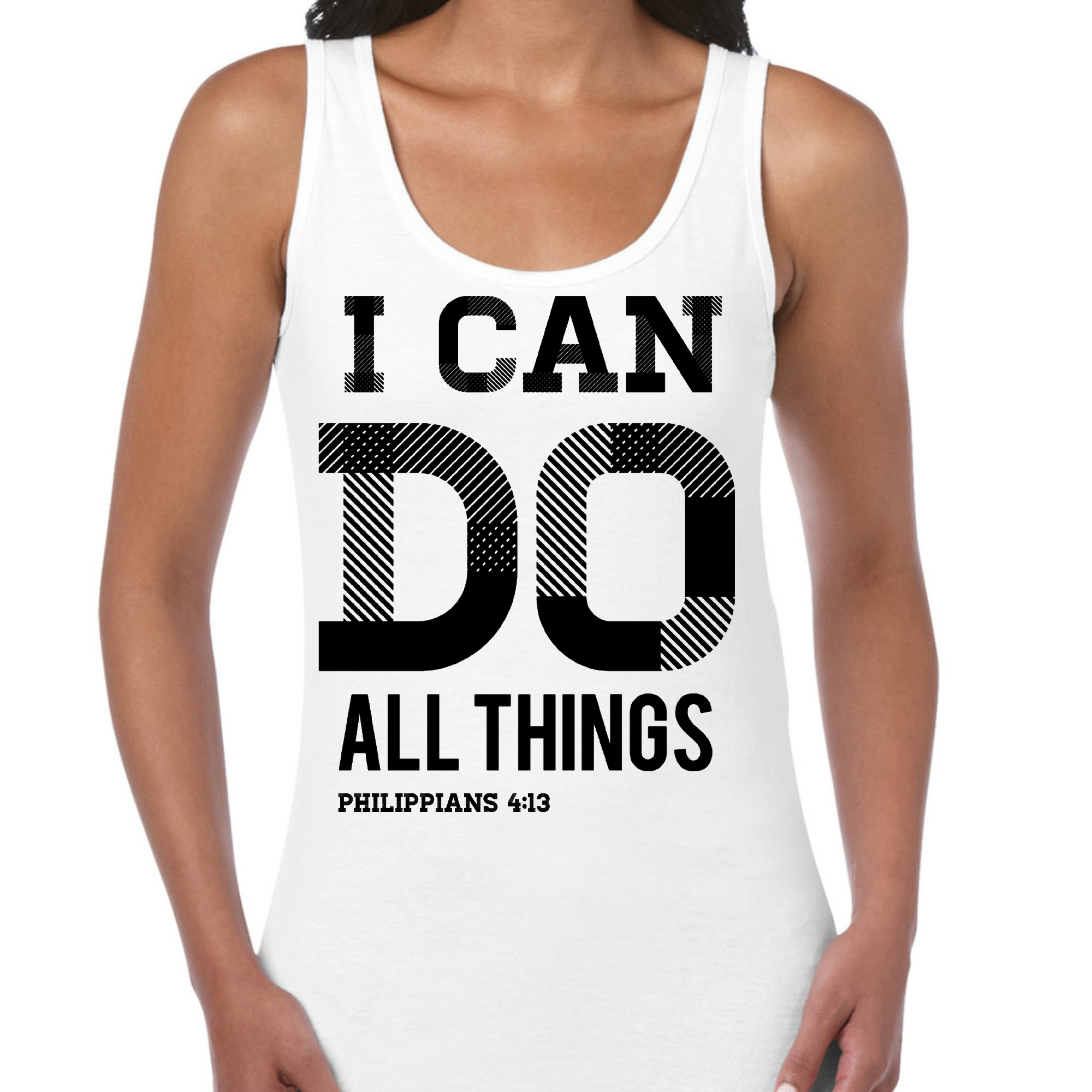 Black Women's Fitness Tank Top with 'I Can Do All Things' Philippians 4:13 print, made from soft preshrunk cotton.