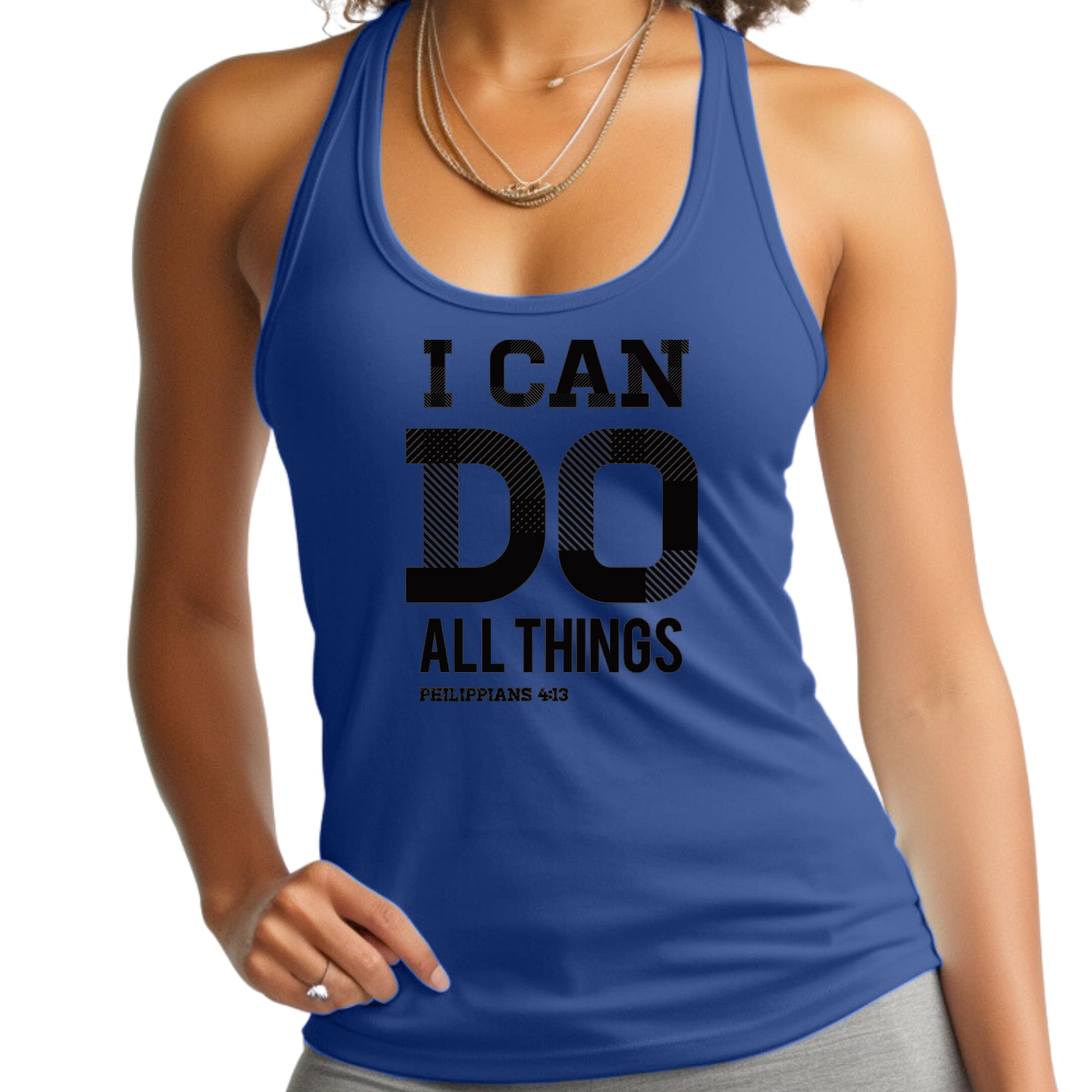 Black Women's Fitness Tank Top with 'I Can Do All Things' Philippians 4:13 print, made from soft preshrunk cotton.