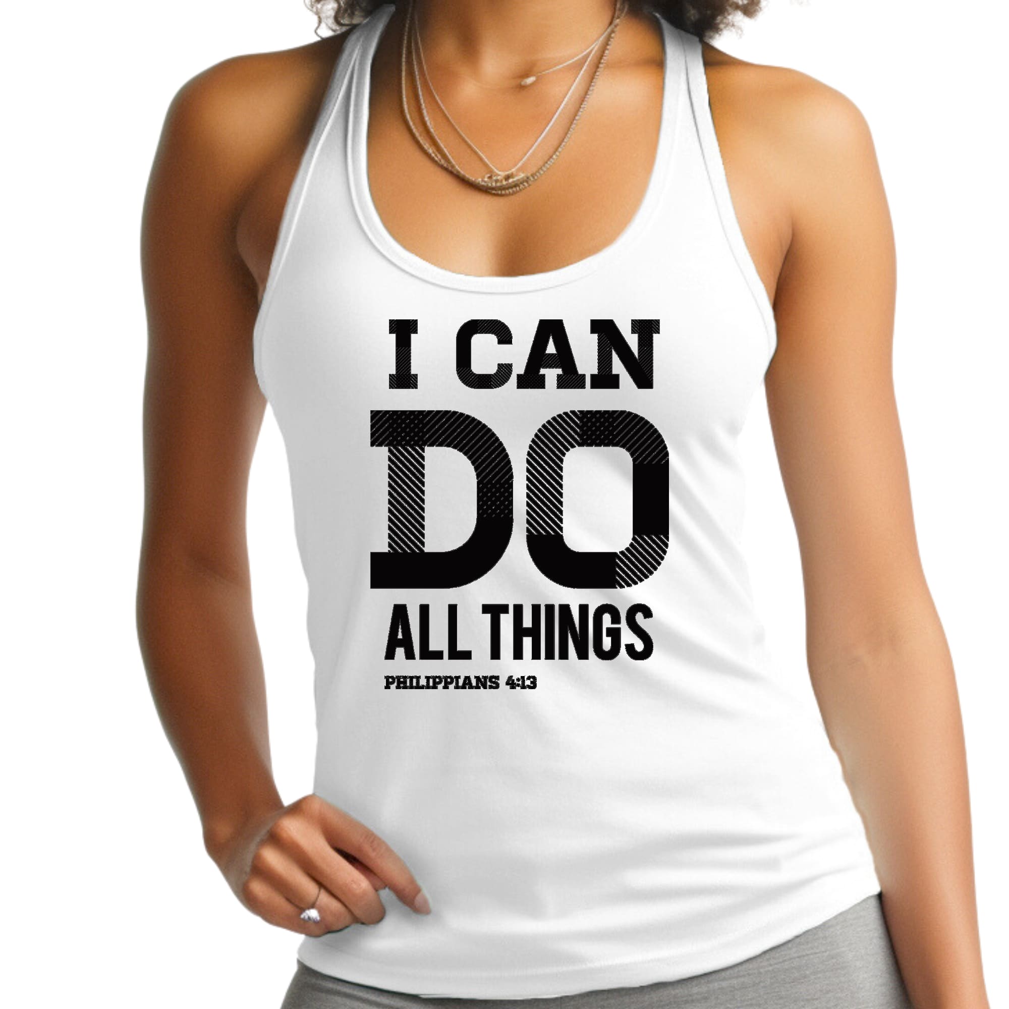 Black Women's Fitness Tank Top with 'I Can Do All Things' Philippians 4:13 print, made from soft preshrunk cotton.