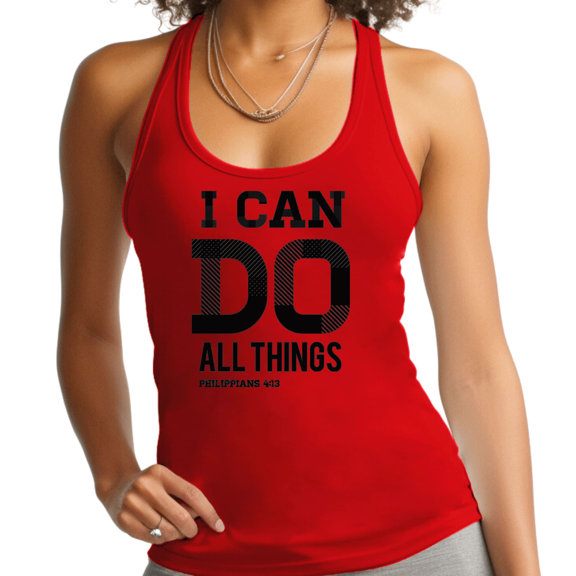 Black Women's Fitness Tank Top with 'I Can Do All Things' Philippians 4:13 print, made from soft preshrunk cotton.