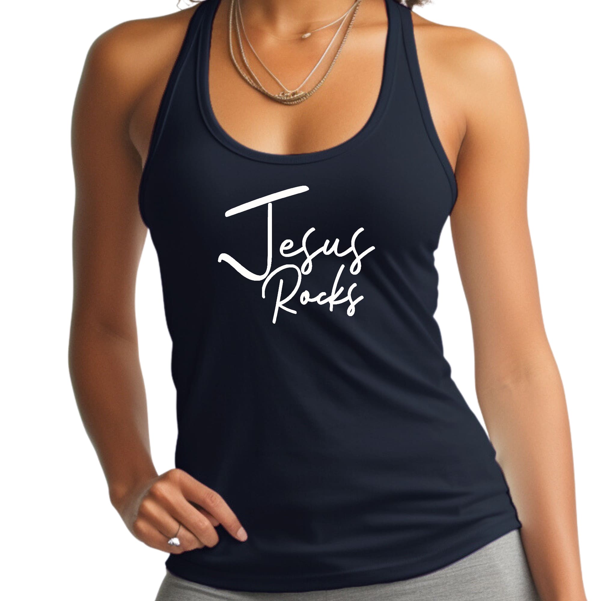 Women's Fitness Tank Top featuring a 'Jesus Rocks' graphic print, made from soft preshrunk cotton for comfort and durability.